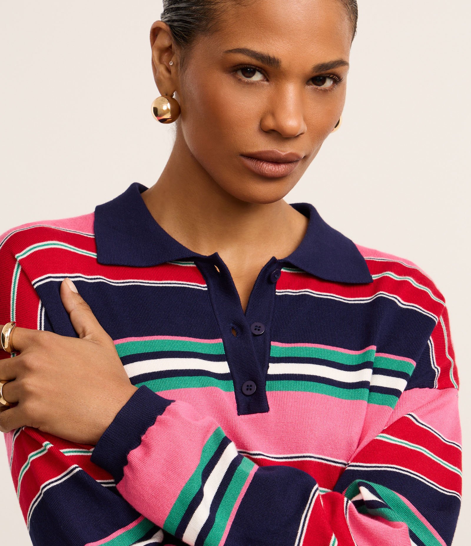 Blusa em Tricô com Gola Polo e Listras de Blocos de Cores Multicores 3