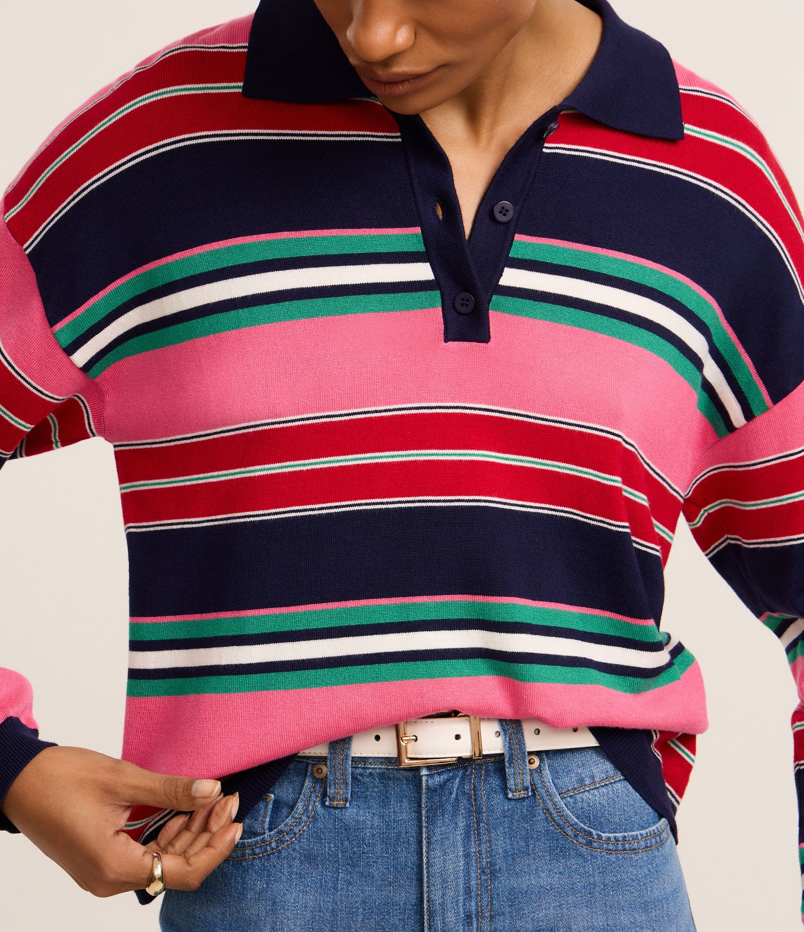 Blusa em Tricô com Gola Polo e Listras de Blocos de Cores Multicores 4