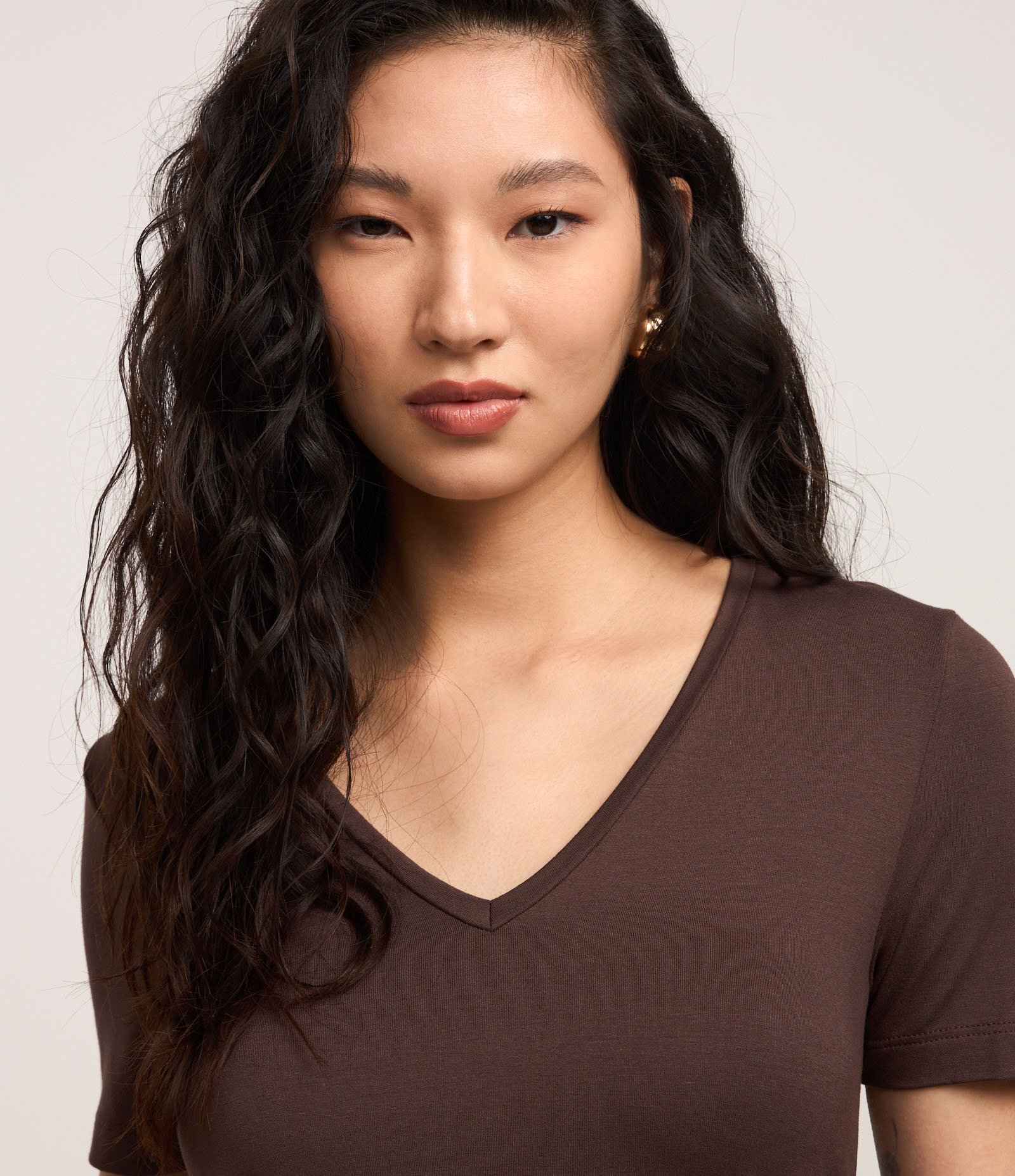 Blusa Básica em Viscose com Decote V Marrom 4