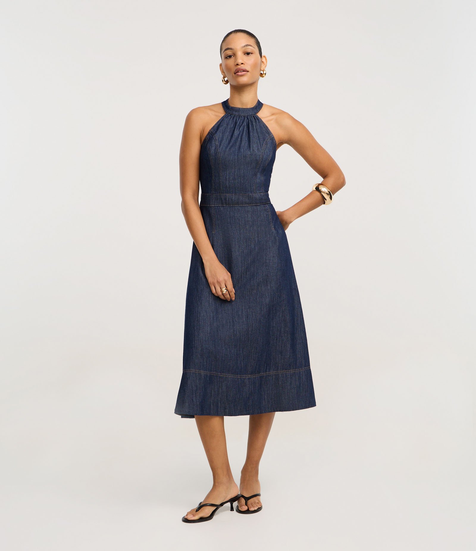 Vestido Midi em Jeans com Frente única e Costas Abertas Azul Escuro 1