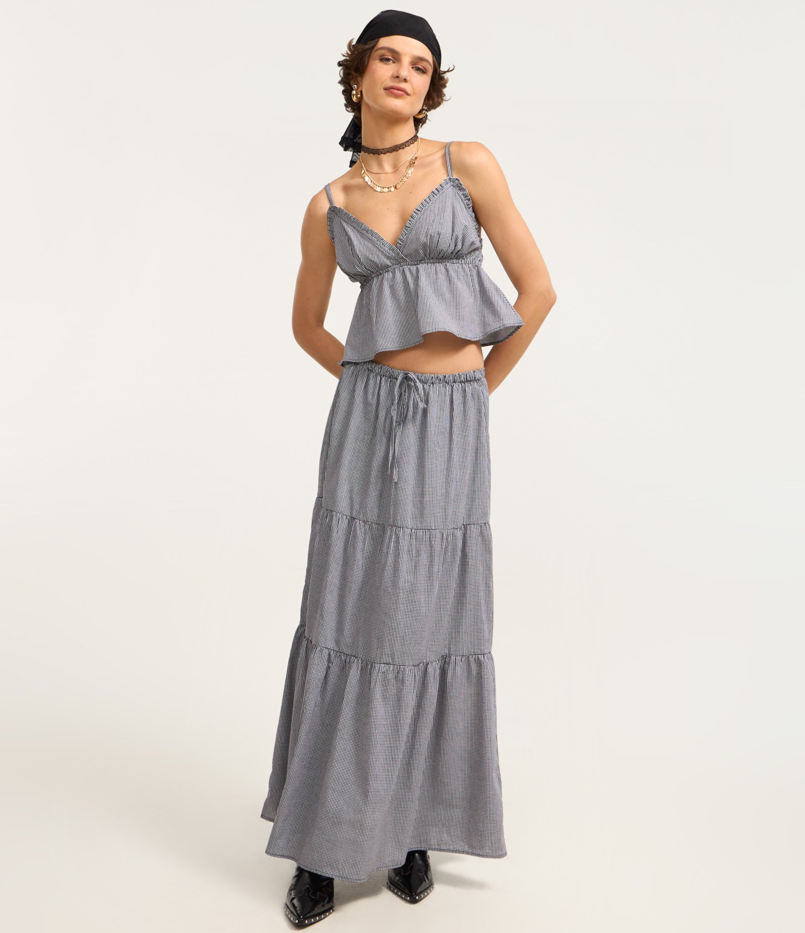 Blusa Alcinha em Tricoline com Estampa Xadrez Vichy Preto/ Branco 2