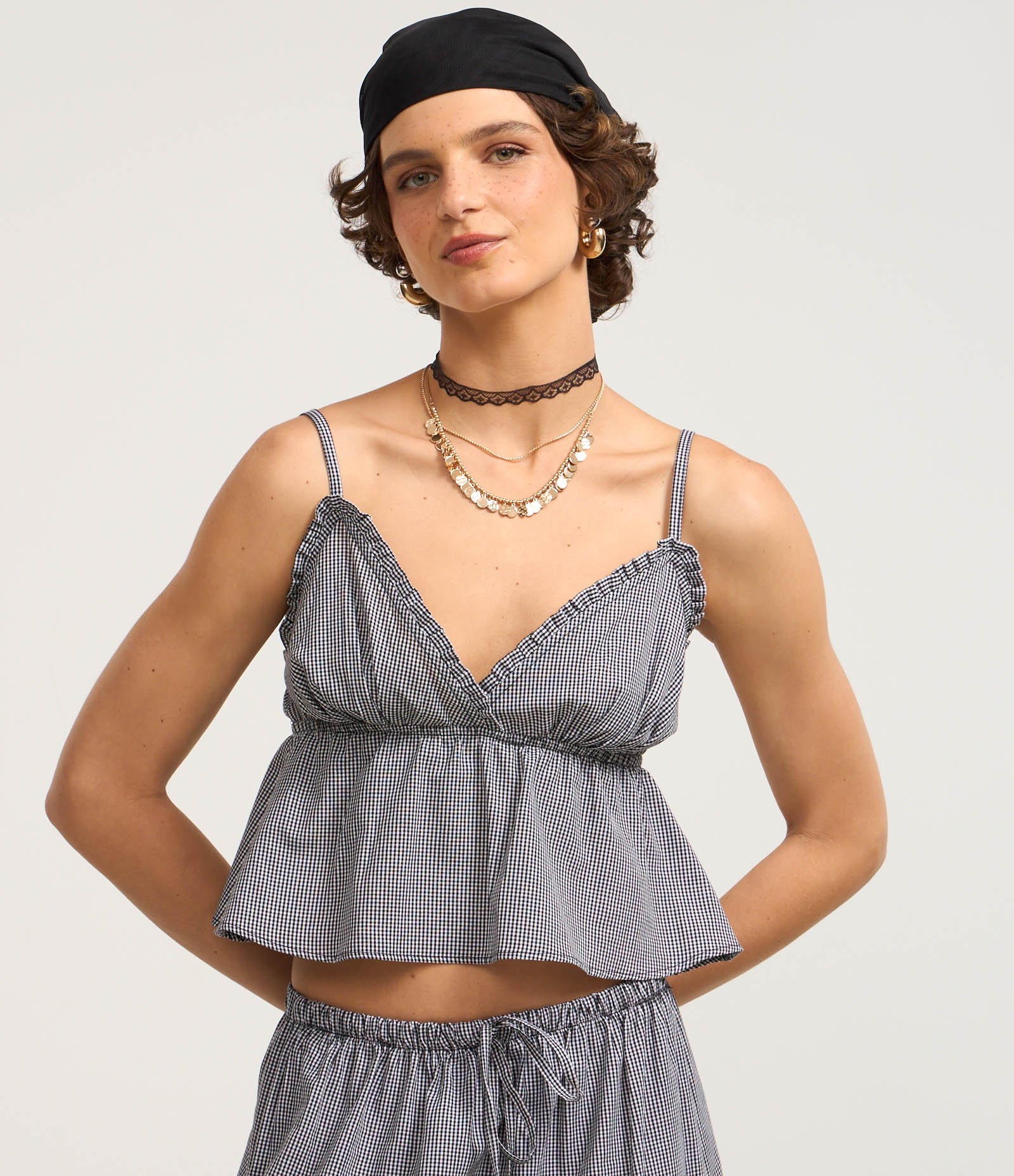 Blusa Alcinha em Tricoline com Estampa Xadrez Vichy Preto/ Branco 3