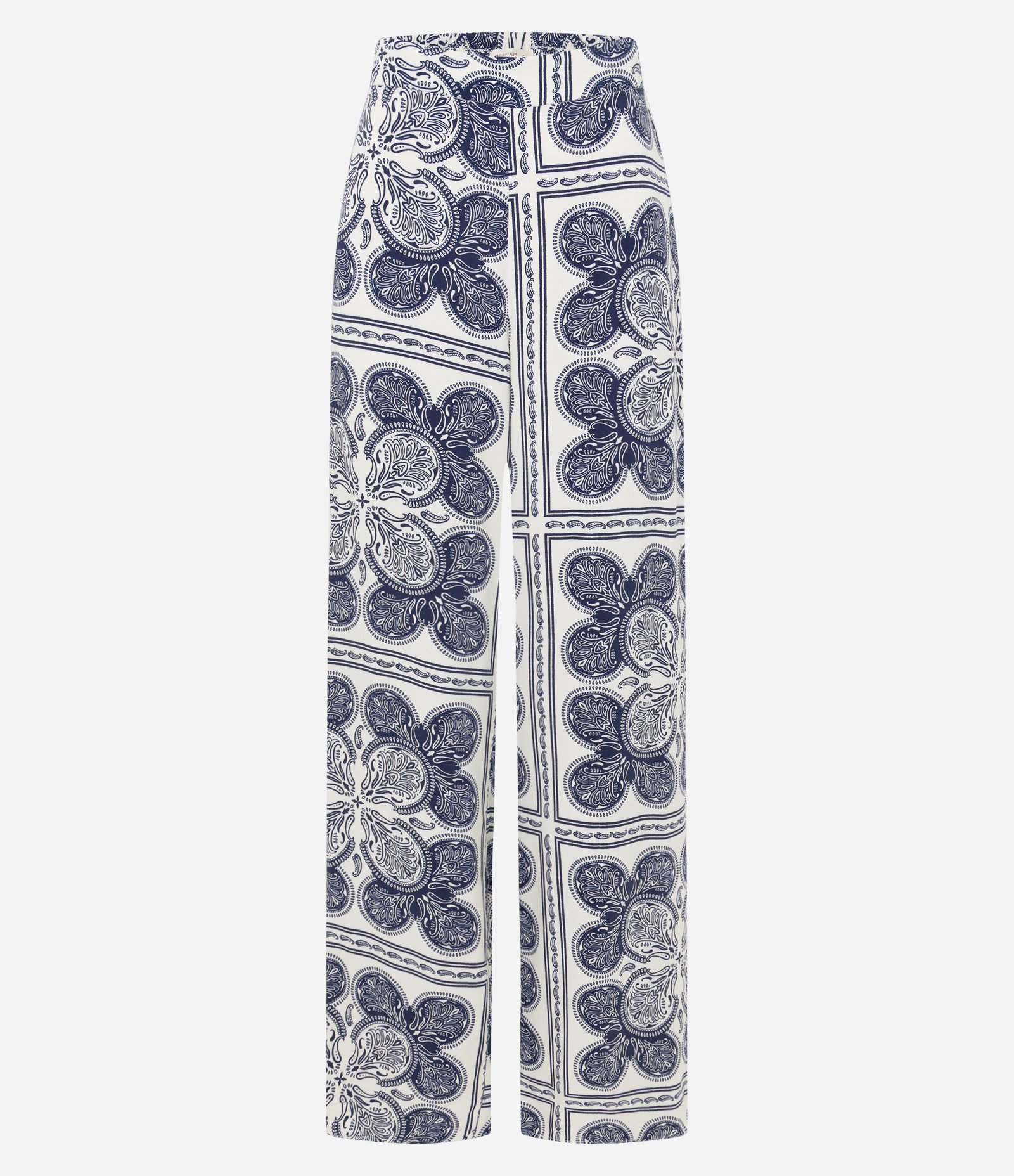 Calça Wide Leg Cintura Alta em Viscose com Estampa Paisley Azul/Branco 6