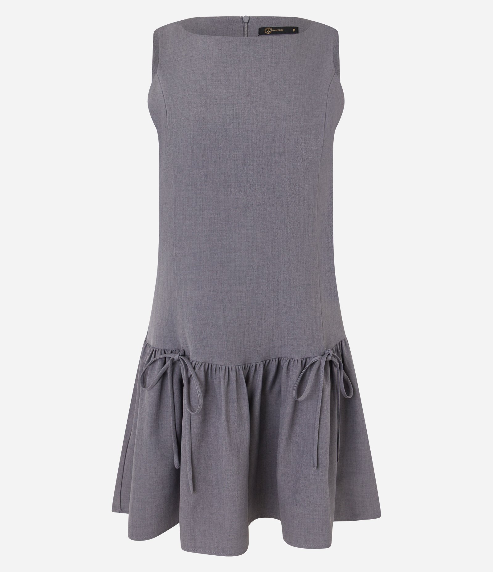 Vestido Evasê Curto em Crepe com Amarração na Barra Cinza 6