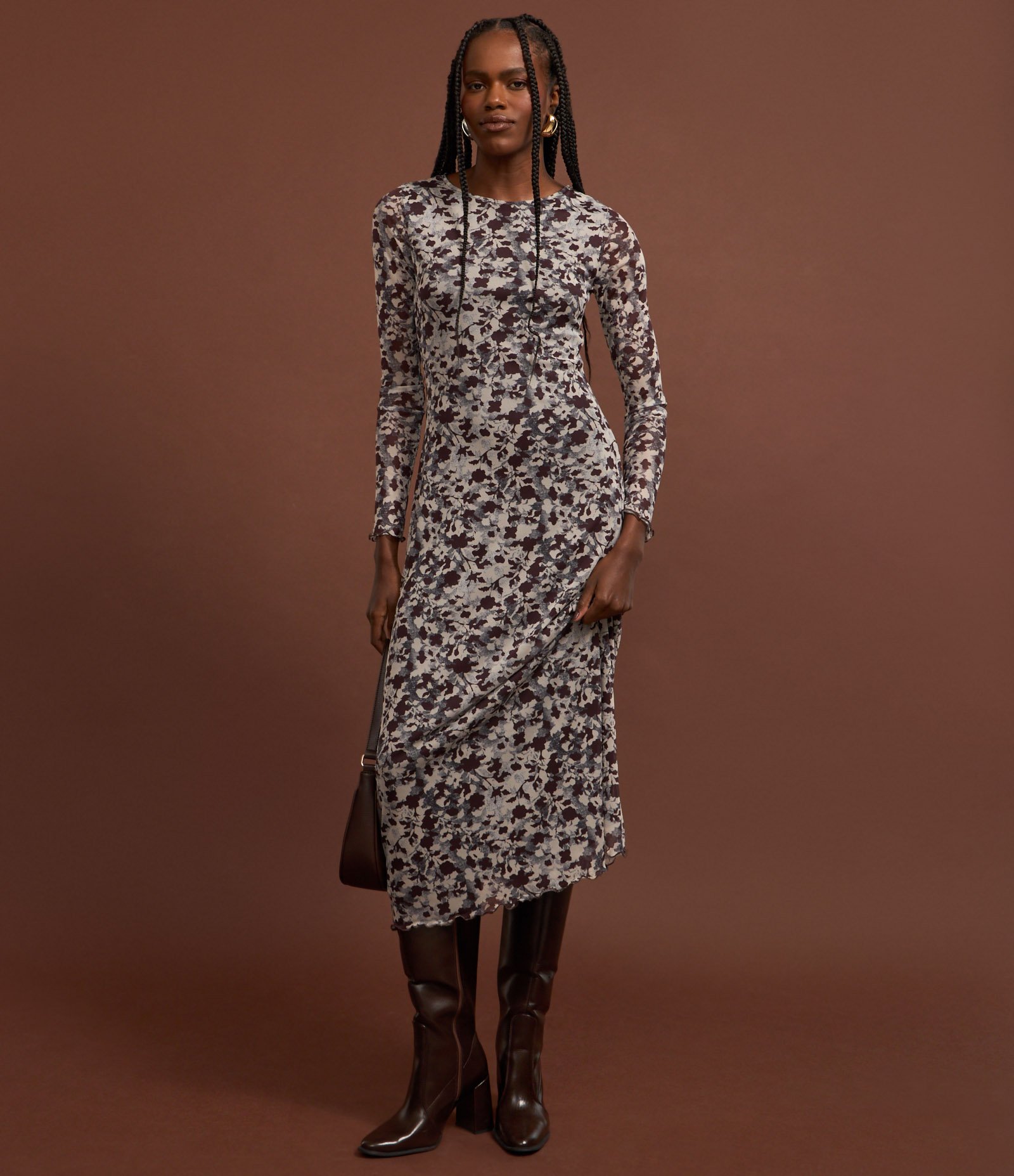 Vestido Long Midi em Tule com Estampa Floral Cinza 3