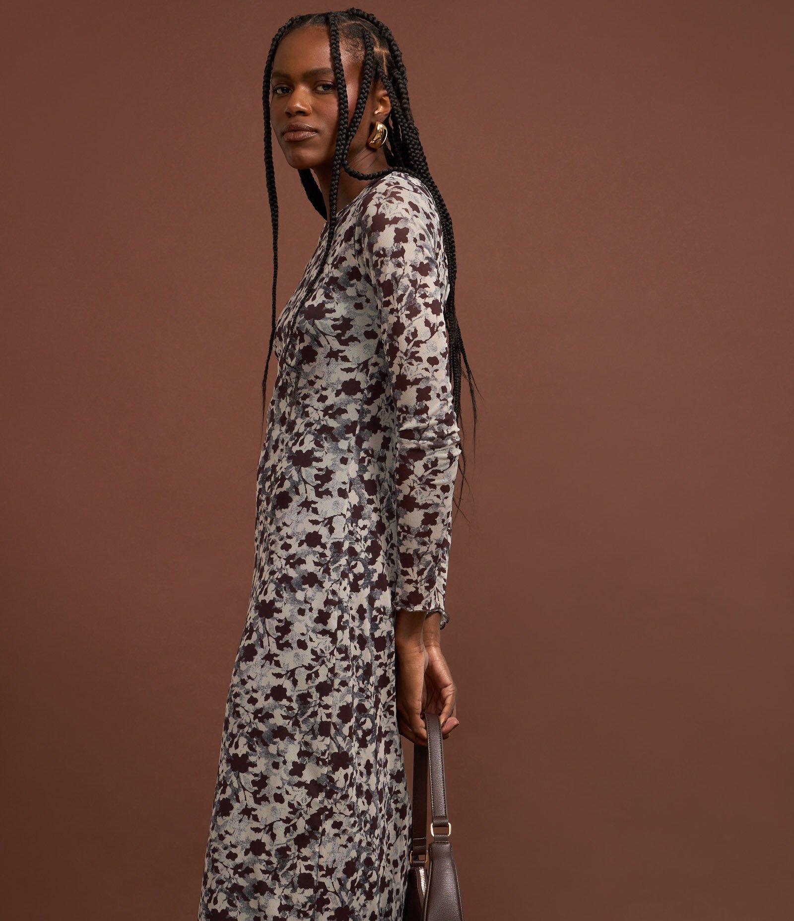 Vestido Long Midi em Tule com Estampa Floral Cinza 4