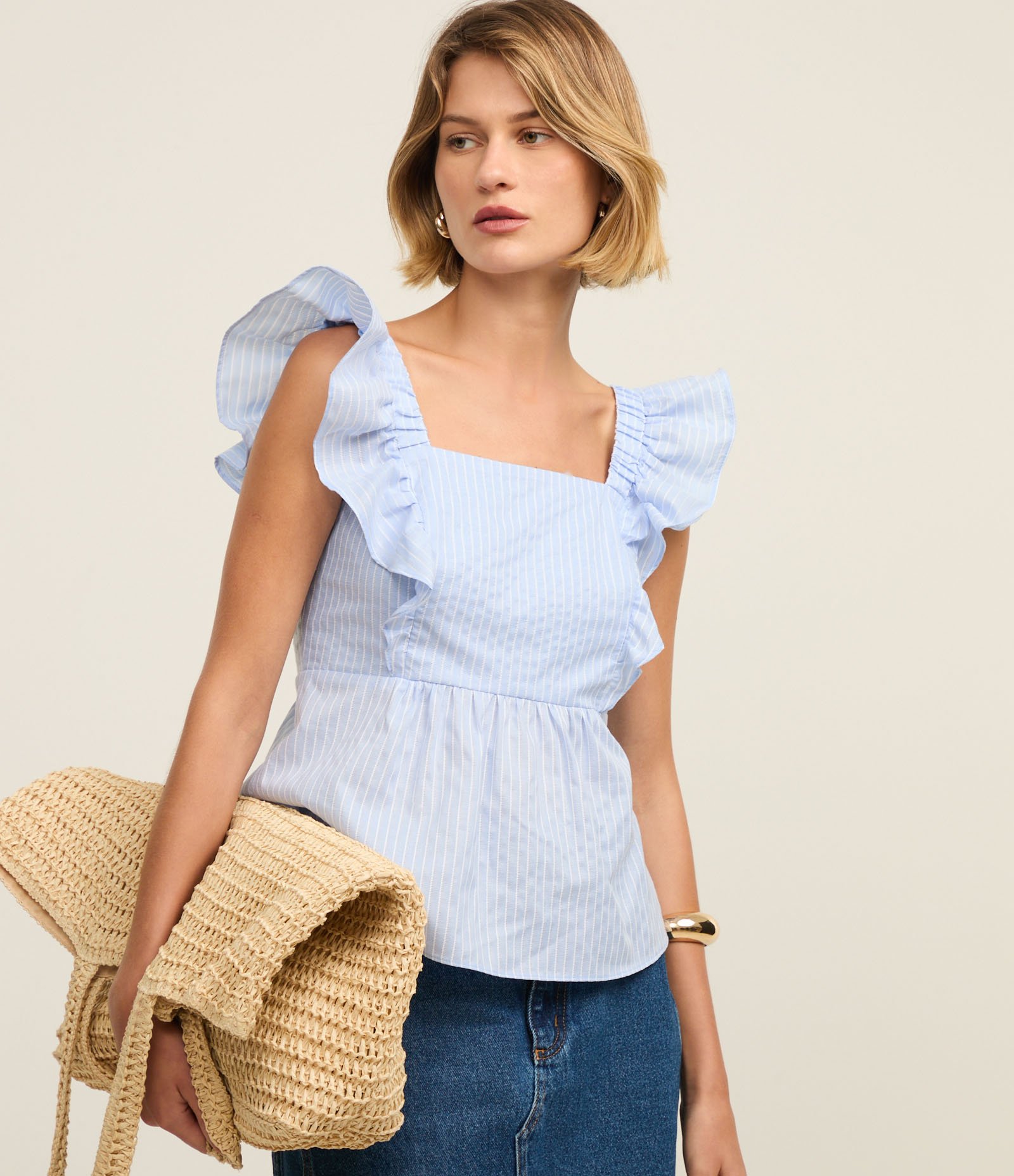 Blusa em Algodão Listrado com Fio Tinto e Babado na Cava Azul 2