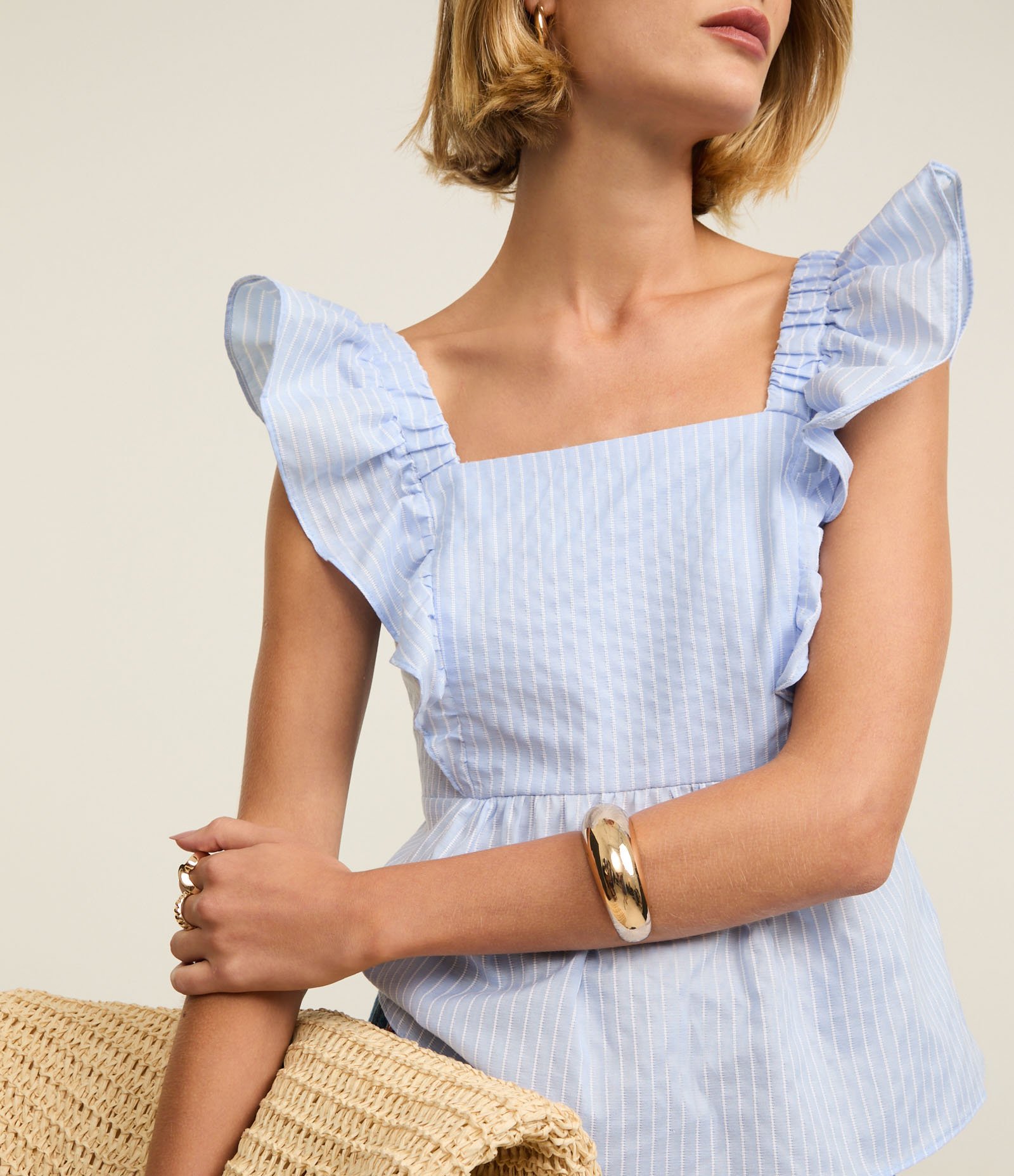 Blusa em Algodão Listrado com Fio Tinto e Babado na Cava Azul 4