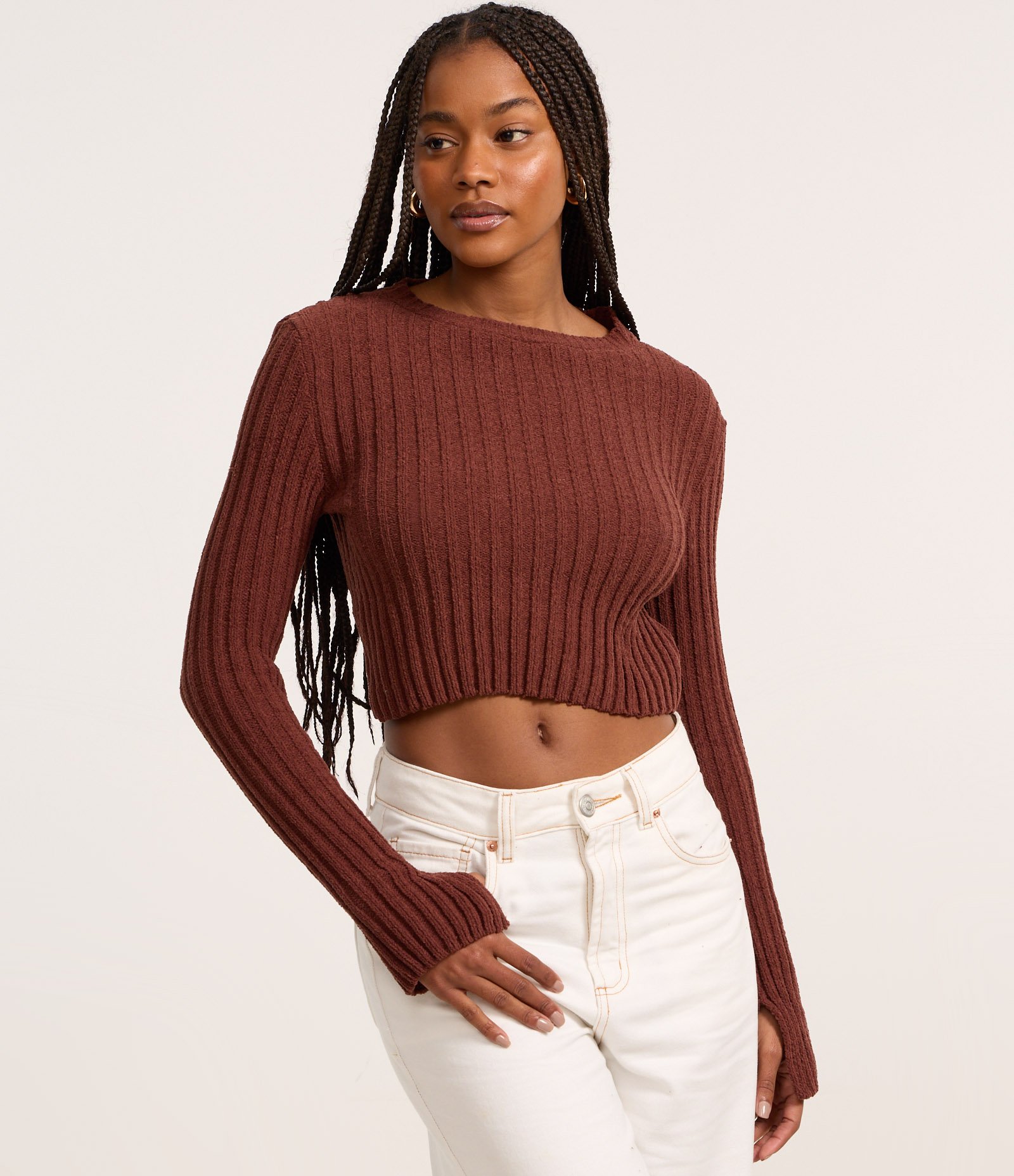 Blusa Cropped Texturizada em Tricô Chenille Marrom 3