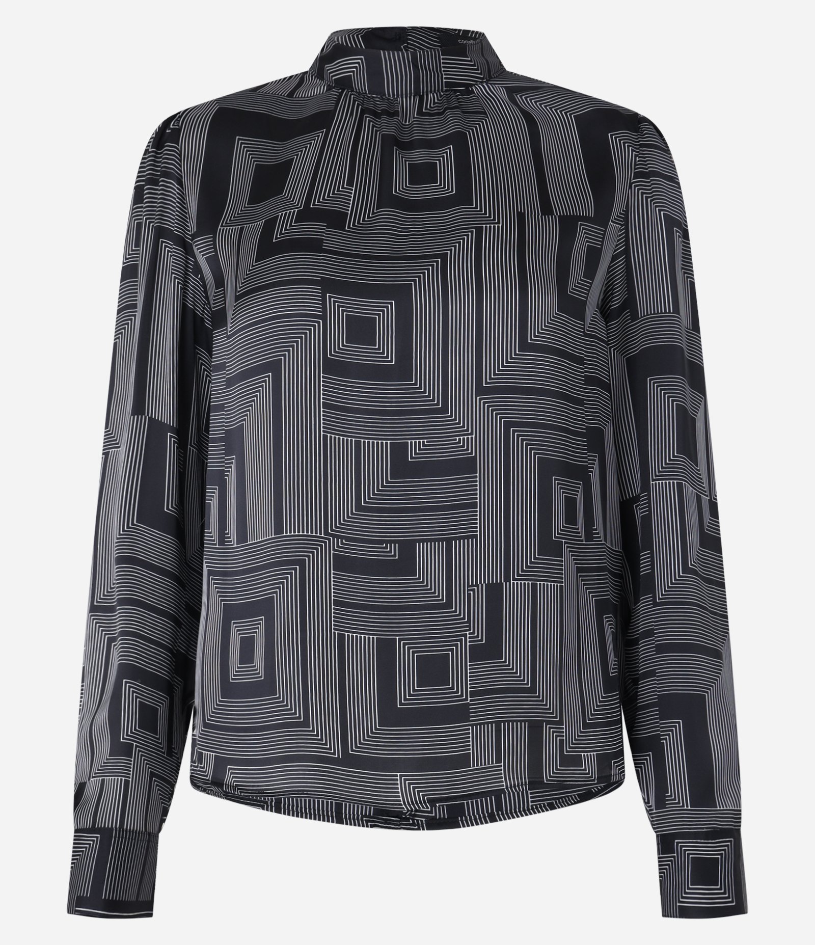 Blusa Acetinada com Gola Padre e Estampa Geométrica Preto 1