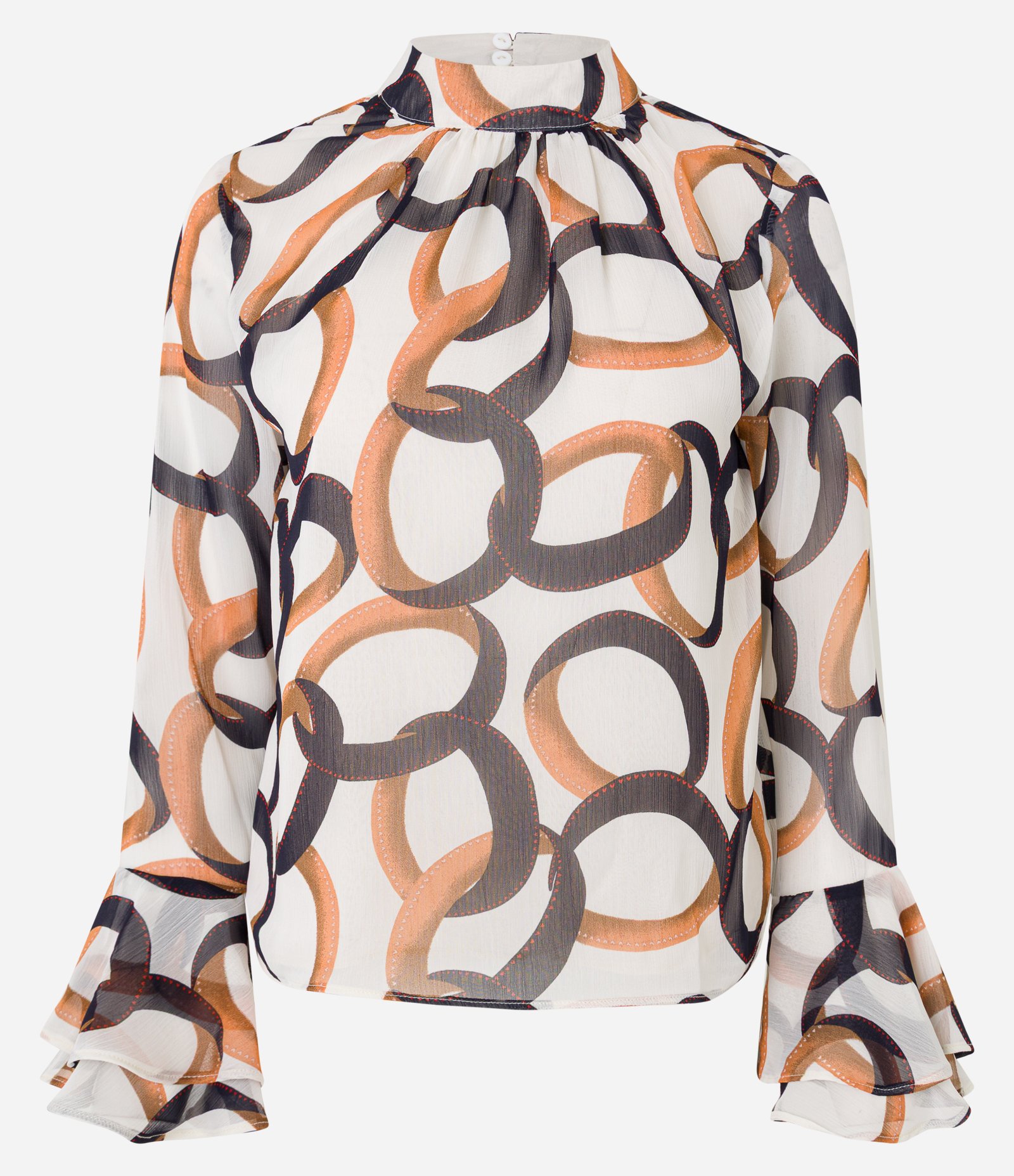 Blusa em Chiffon com Manga Sino e Estampa Anéis Off White/Laranja/Marrom 7