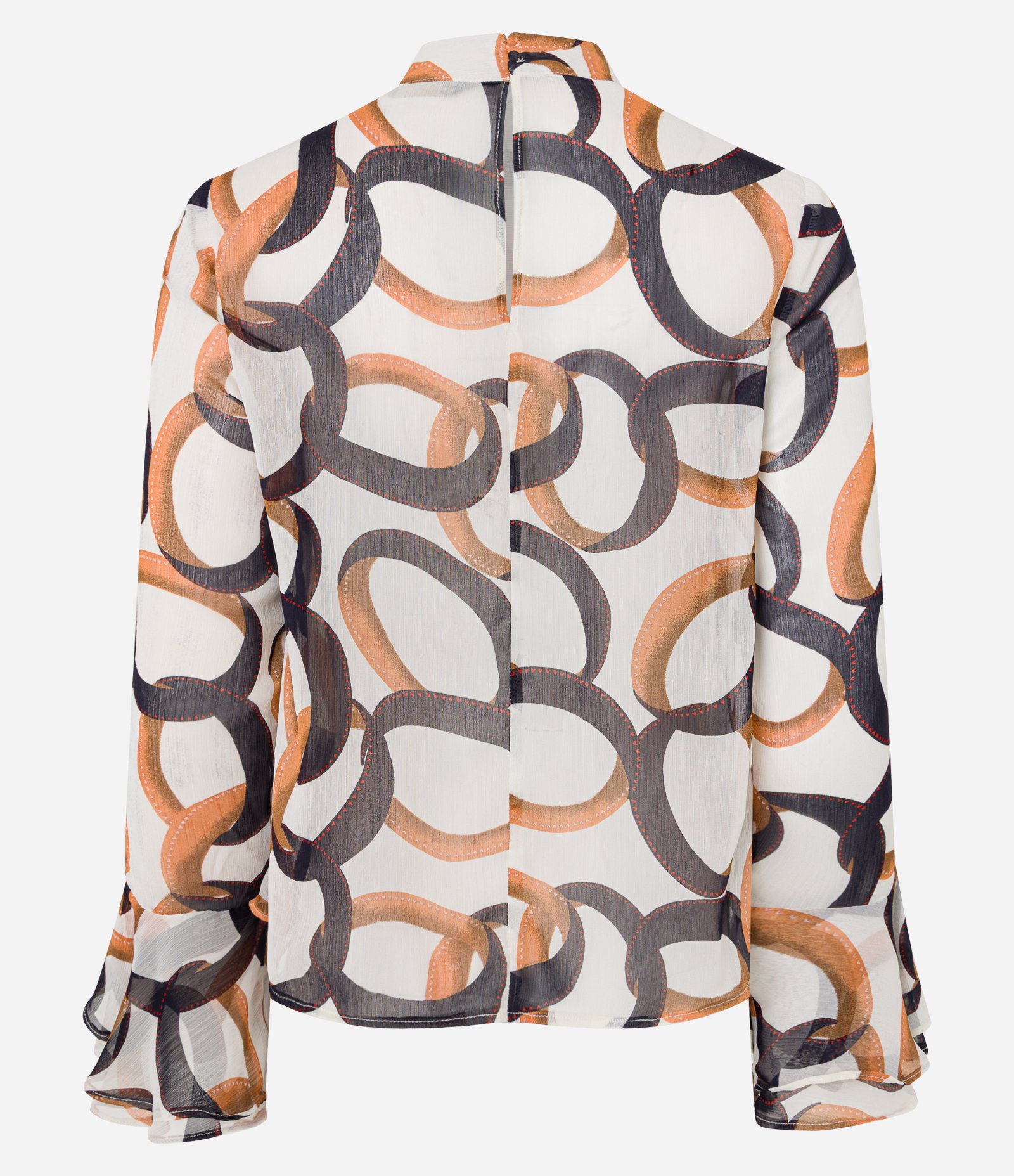 Blusa em Chiffon com Manga Sino e Estampa Anéis Off White/Laranja/Marrom 8