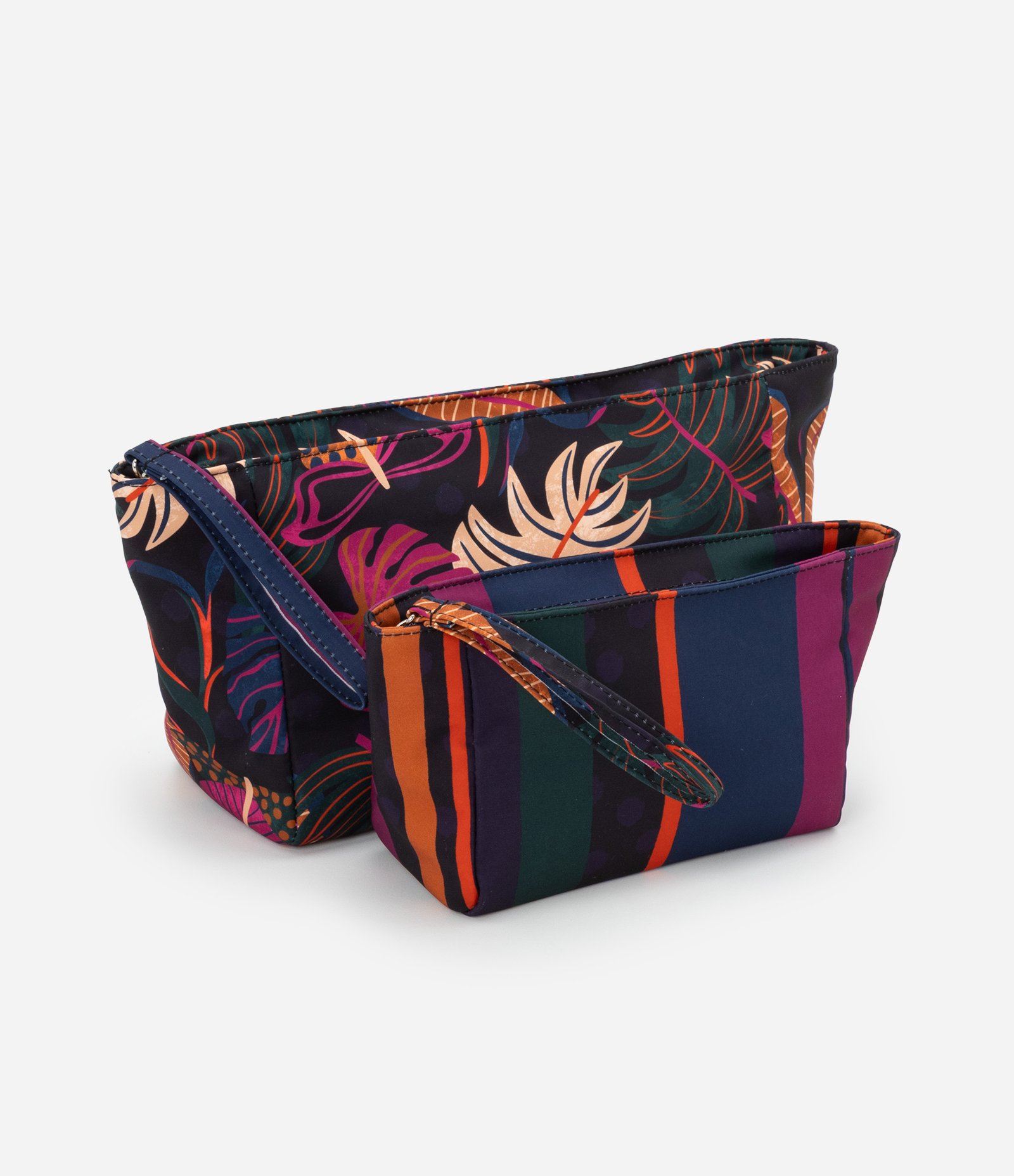 Kit 02 Nécessaires Trapézio com Estampa de Folhagens e Listras Preto 1