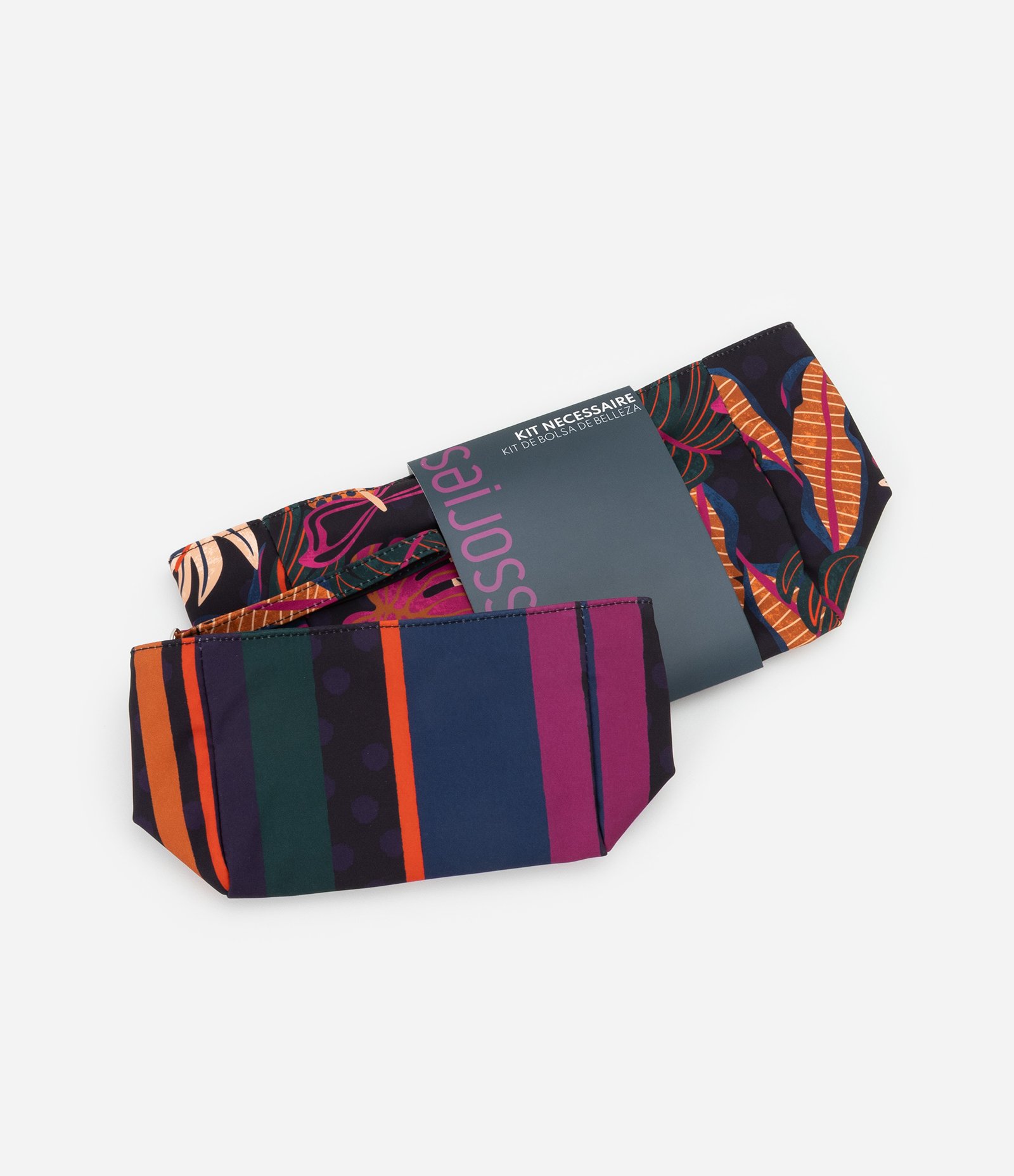 Kit 02 Nécessaires Trapézio com Estampa de Folhagens e Listras Preto 2