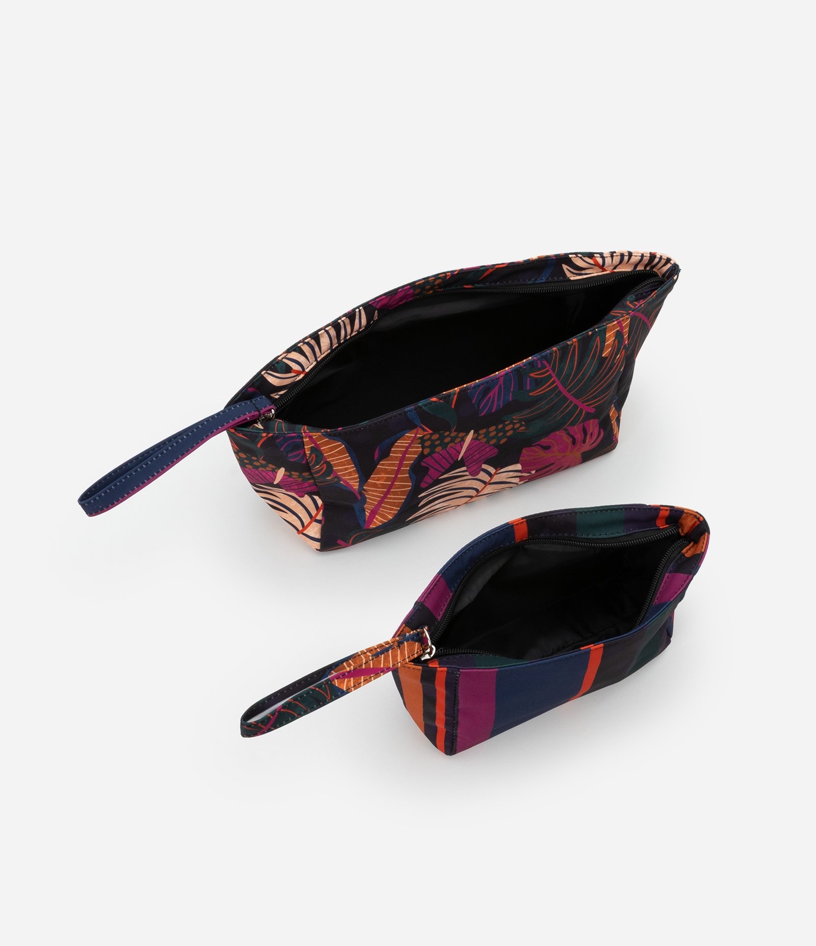 Kit 02 Nécessaires Trapézio com Estampa de Folhagens e Listras Preto 4