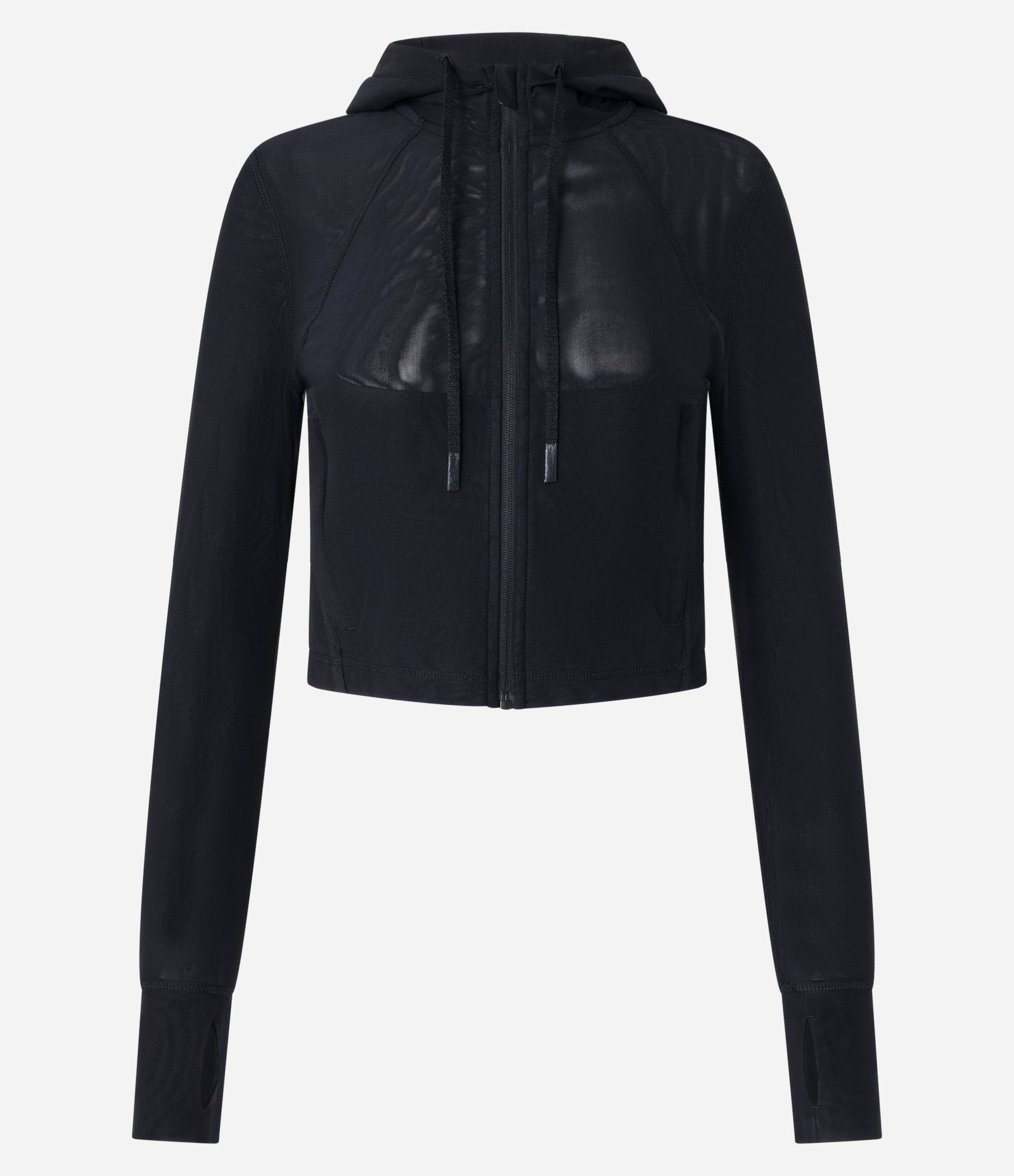 Jaqueta Esportiva em Microfibra com Capuz e Recorte em Tule Preto 7