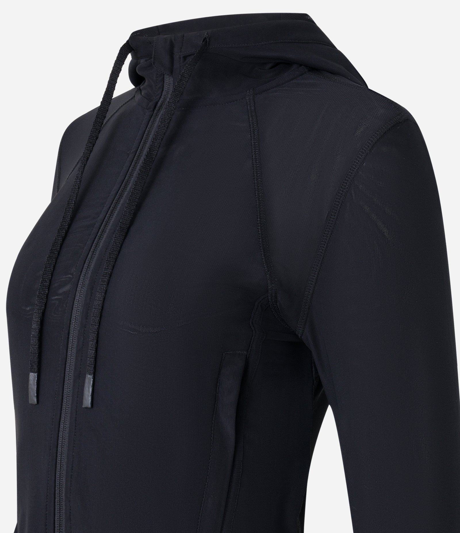 Jaqueta Esportiva em Microfibra com Capuz e Recorte em Tule Preto 8