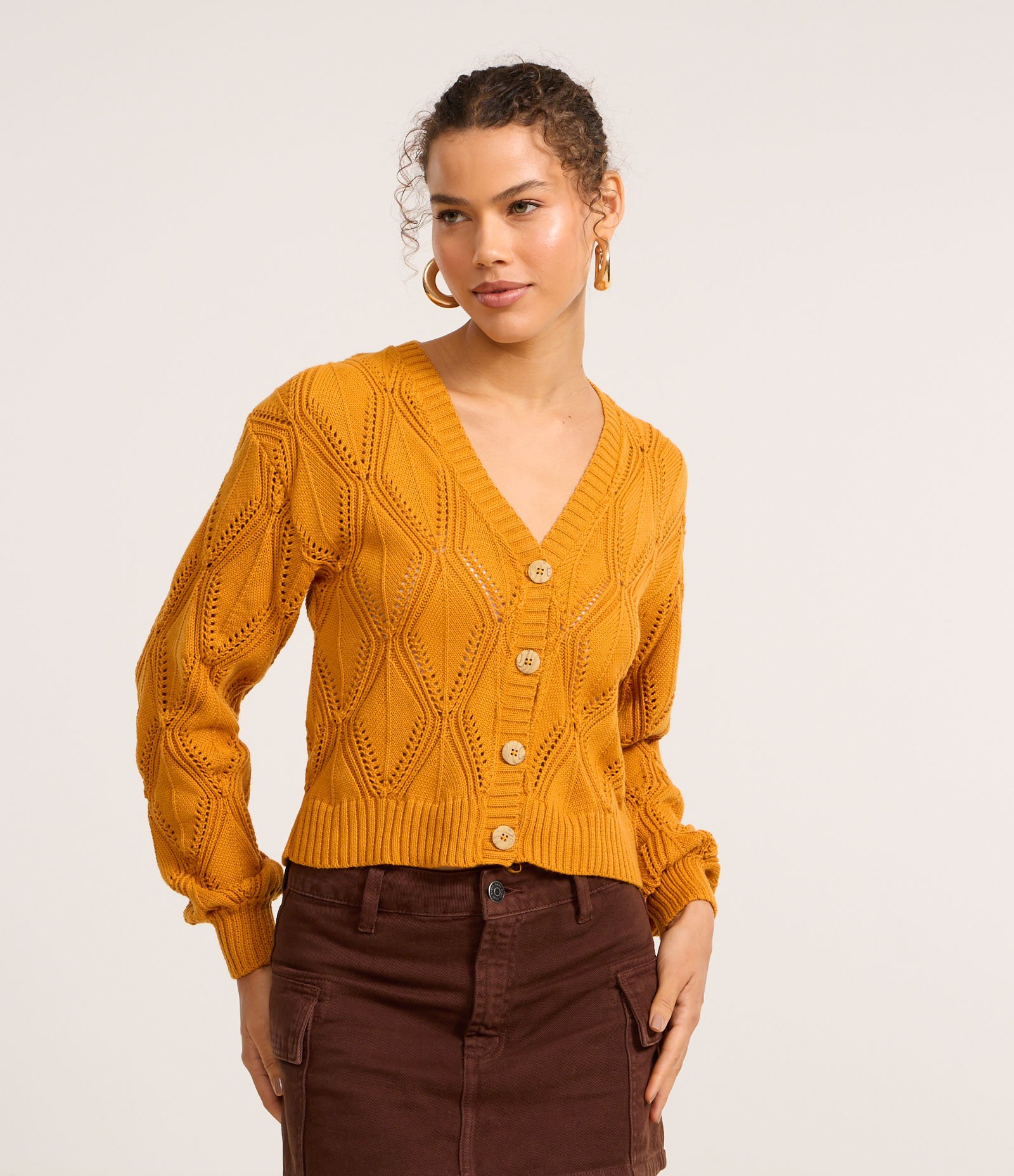 Casaco Curto em Tricô com Ponto Diferenciado Amarelo 1