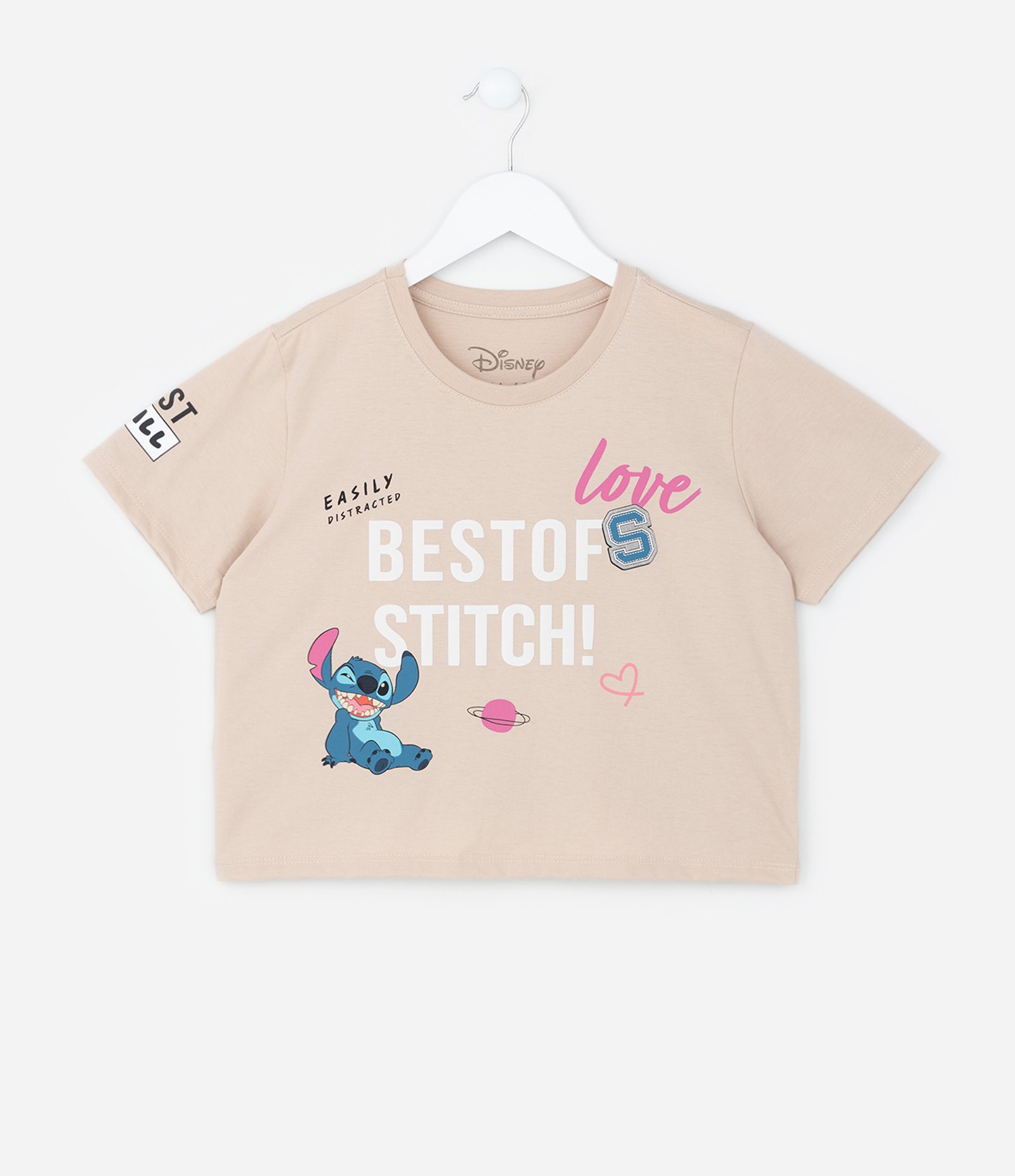 Camiseta Curta Infantil com Estampa do Stitch Frente e Costas - Tam 5 a 14 Anos Bege 1