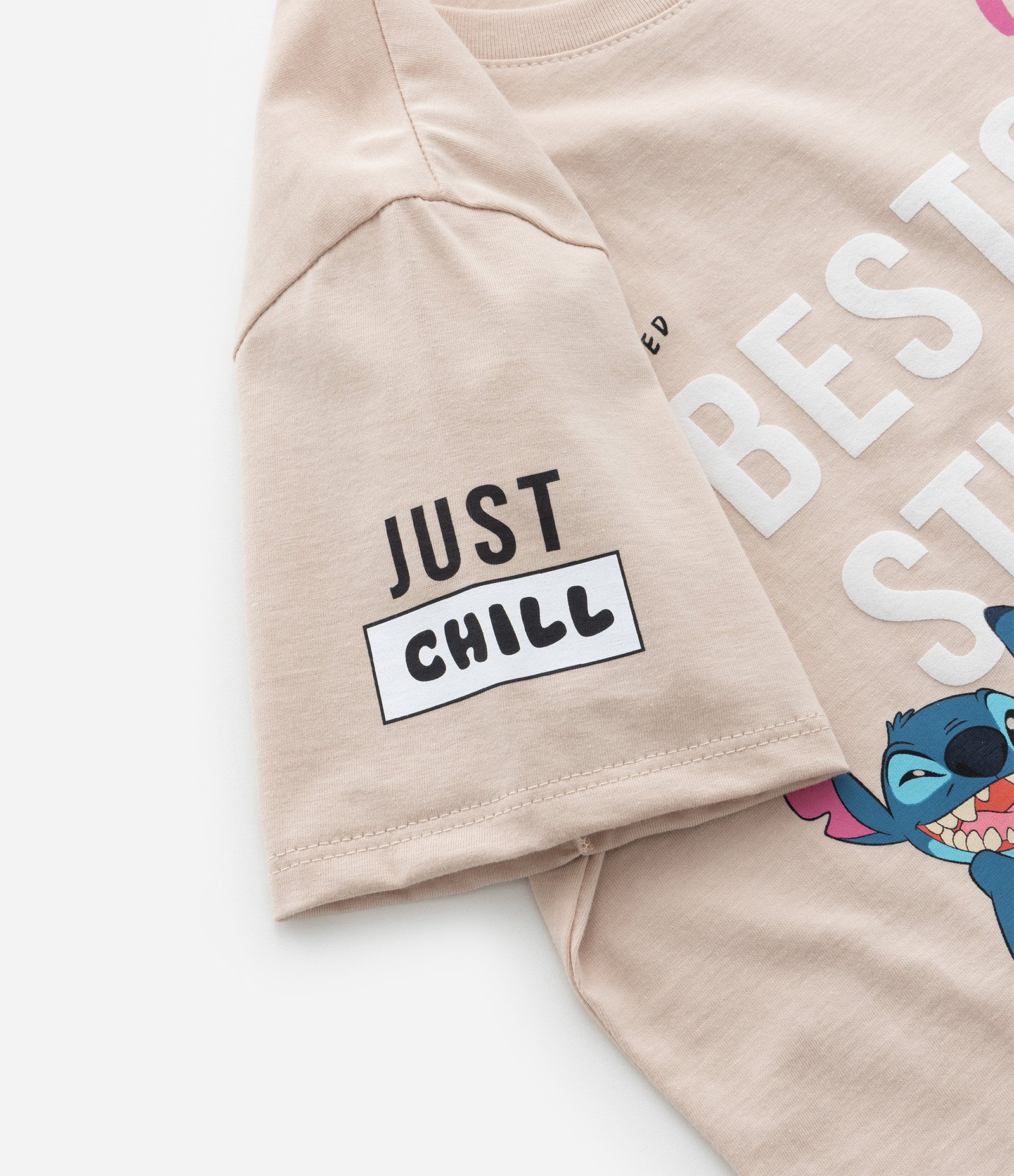 Camiseta Curta Infantil com Estampa do Stitch Frente e Costas - Tam 5 a 14 Anos Bege 6