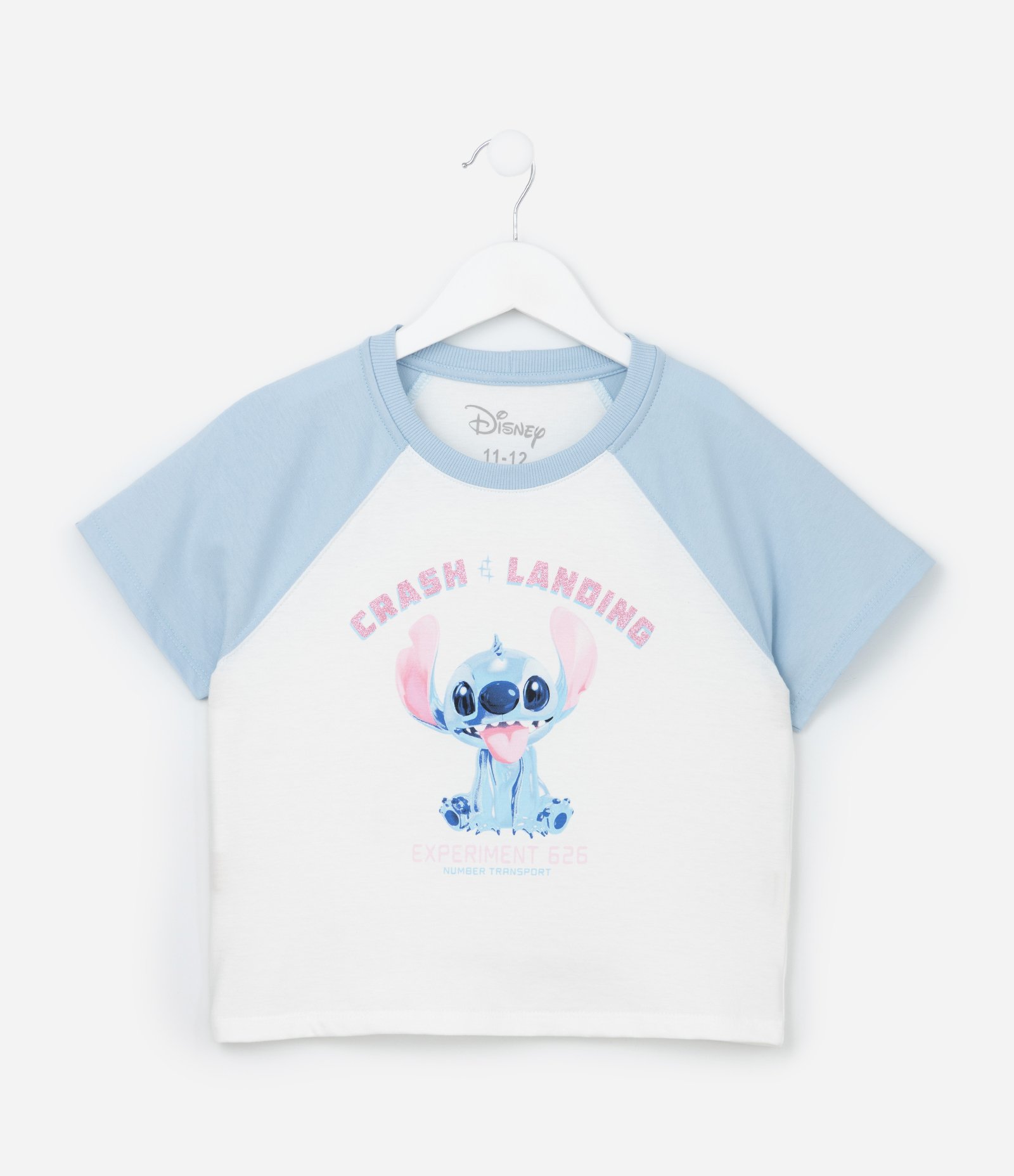 Camiseta Infantil com Cava Raglan e Estampa Stitch - Tam 5 a 14 Anos Azul/Branco 1