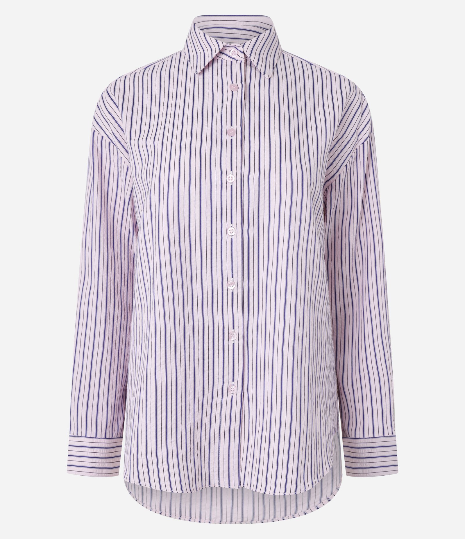 Camisa Oversized em Anarruga Listrada com Fio Tinto Rosa 5
