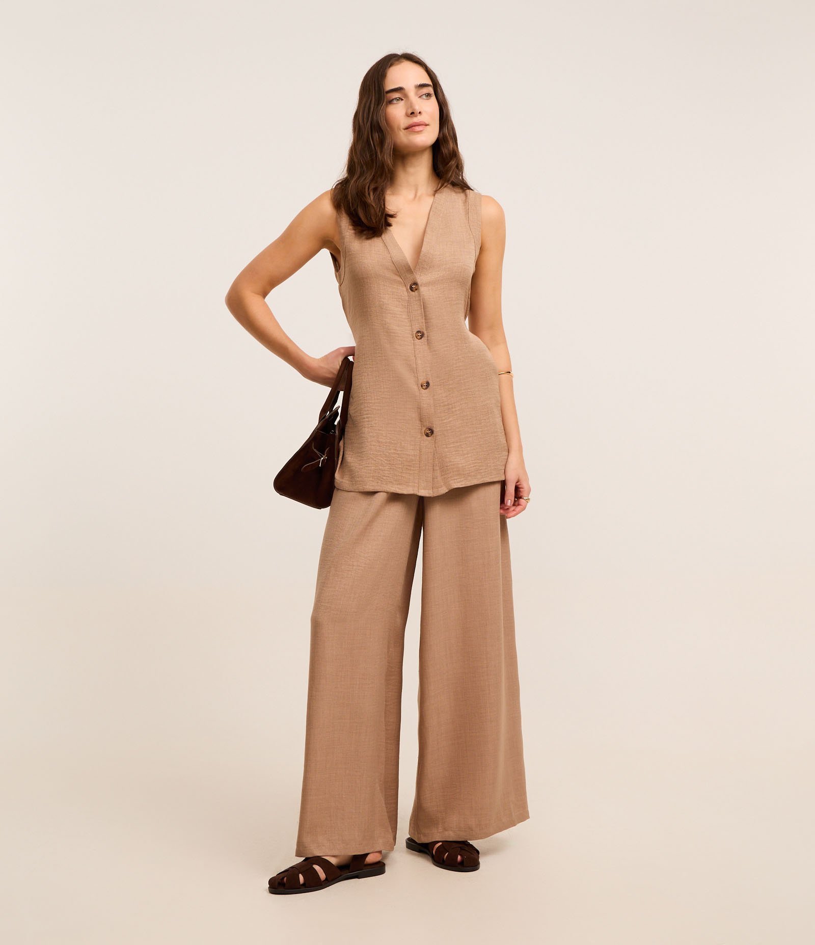 Blusa Longa em Chiffon com Amarração nas Costas Bege 2