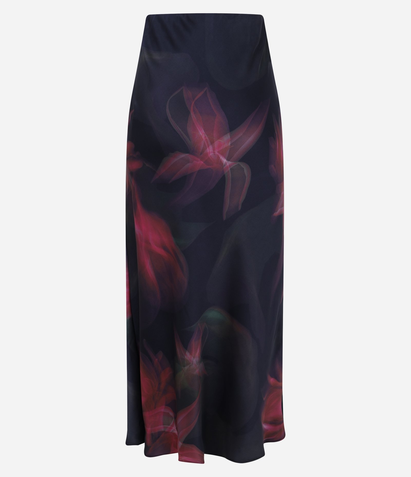 Saia Evasê Midi Acetinada com Estampa Floral Blur Preto/Vermelho 6