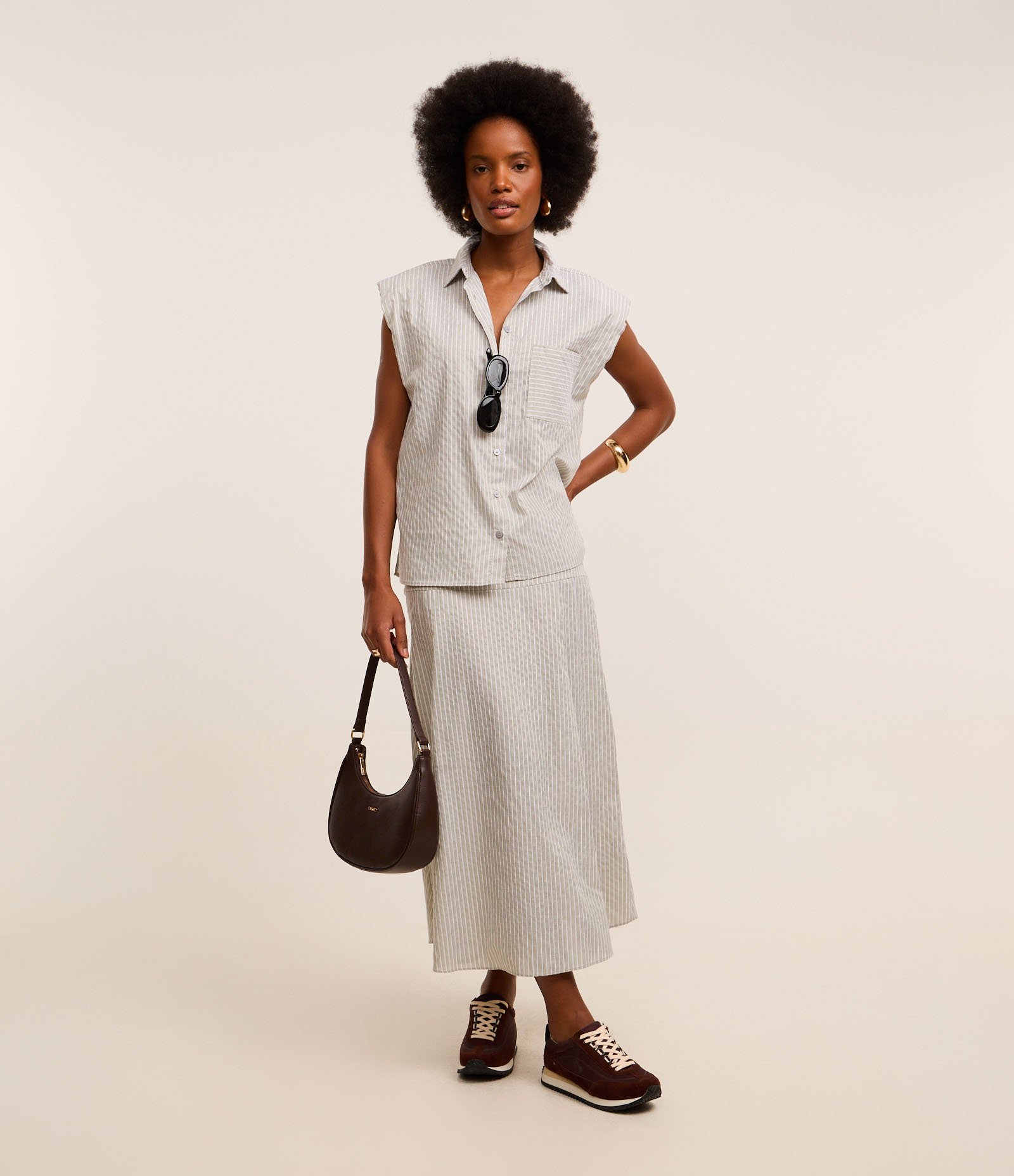 Saia Evasê Texturizada em Algodão com Listras de Fio Tinto Verde 1