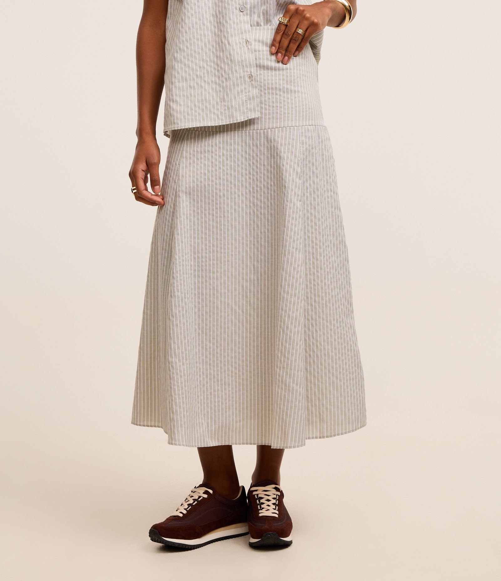 Saia Evasê Texturizada em Algodão com Listras de Fio Tinto Verde 3