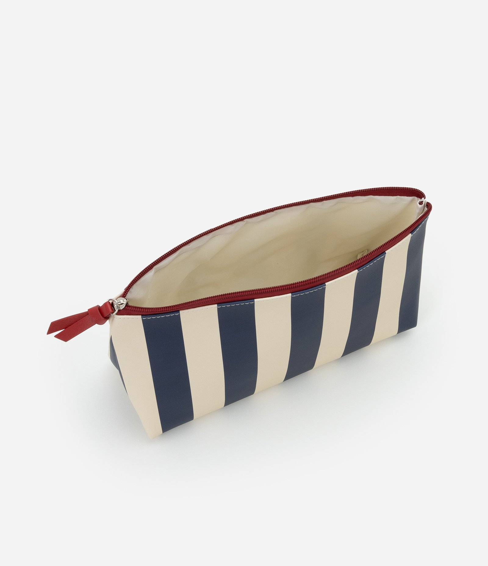 Nécessaire Trapézio Estampada de Listras Largas Bege/Azul Marinho 4