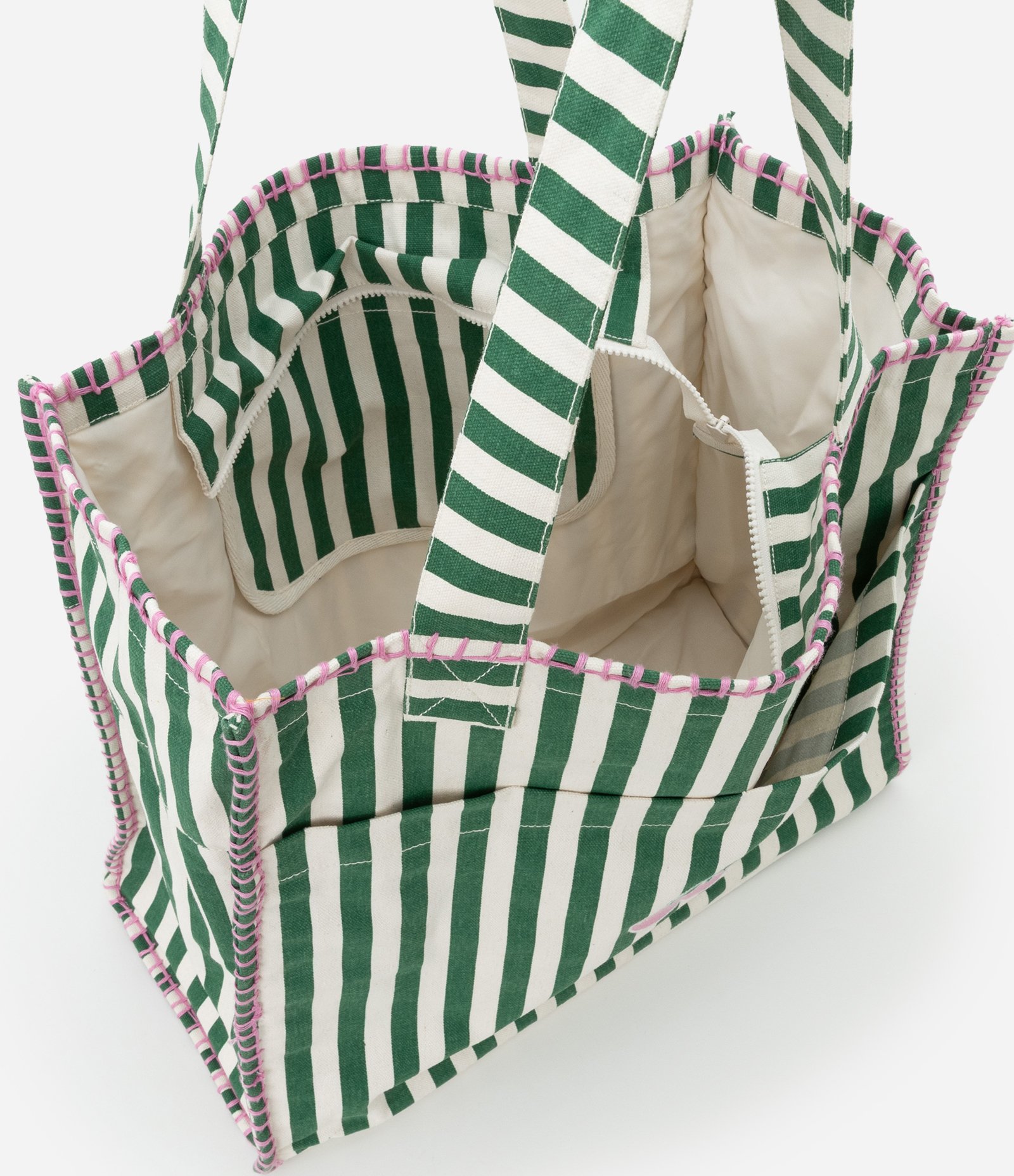 Bolsa de Praia em Lona Listrada com Patch de Cereja e Pesponto Contrastante Verde/Off White 7