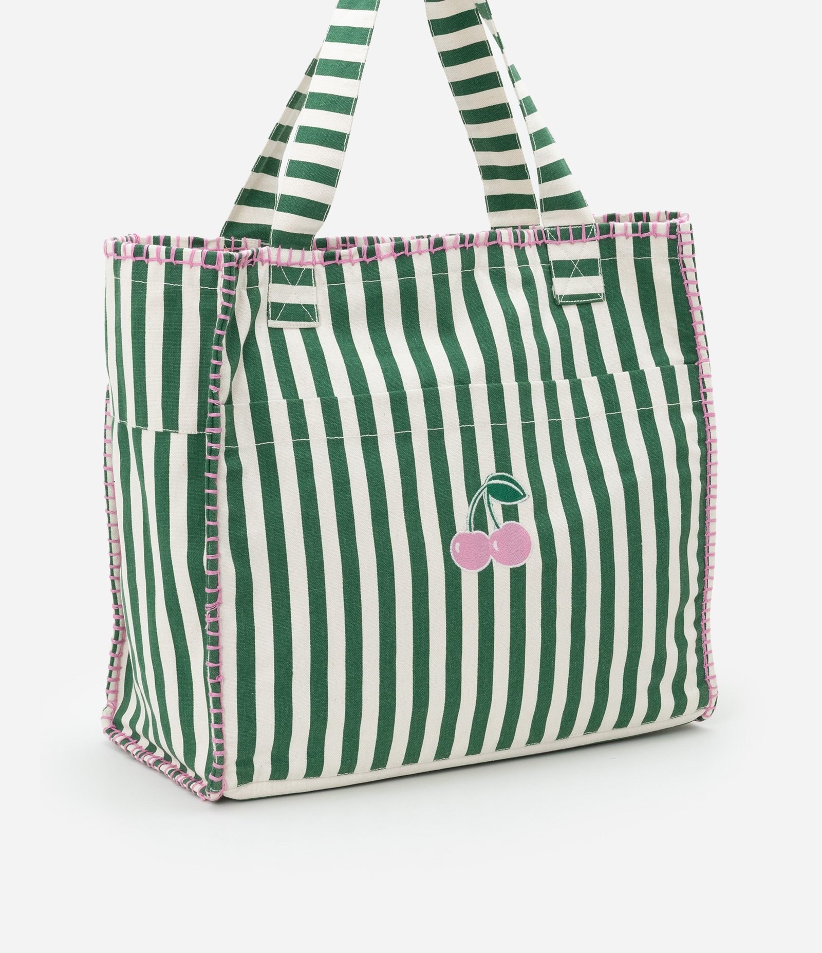 Bolsa de Praia em Lona Listrada com Patch de Cereja e Pesponto Contrastante Verde/Off White 2