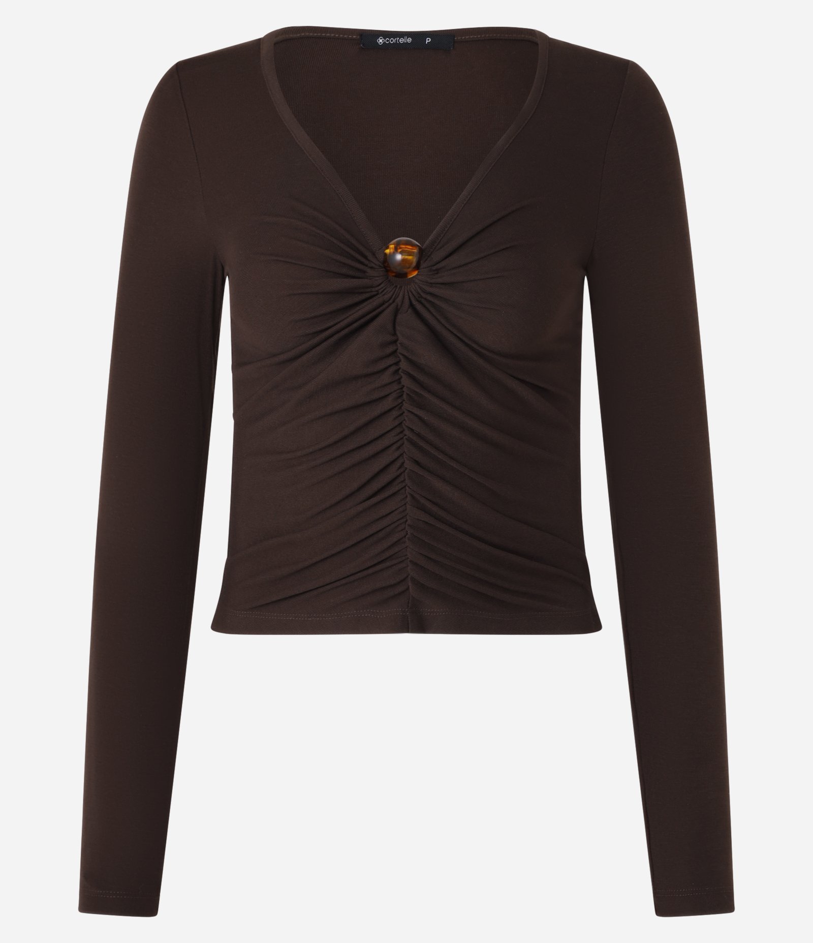 Blusa Canelada em Ribana com Miçanga no Decote V Marrom 6