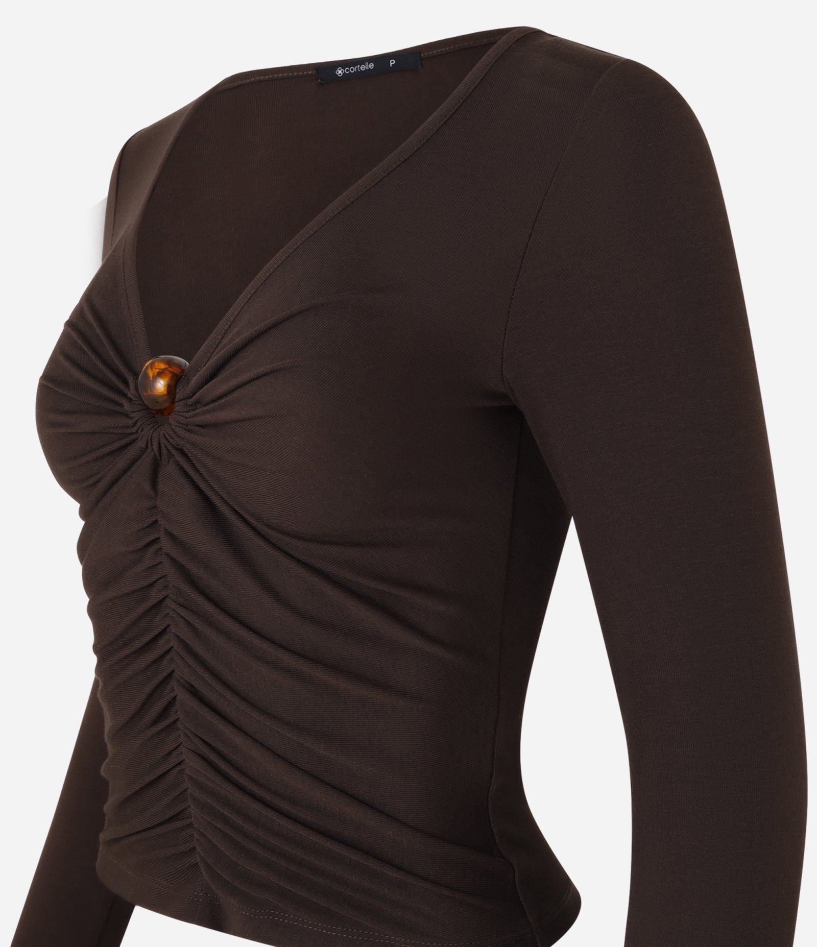 Blusa Canelada em Ribana com Miçanga no Decote V Marrom 7