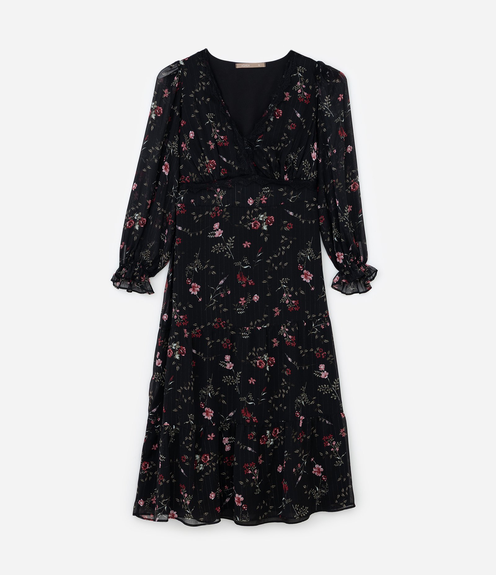 Vestido Midi Floral em Chiffon com Babados e Brilhos Curve & Plus Size Preto 5