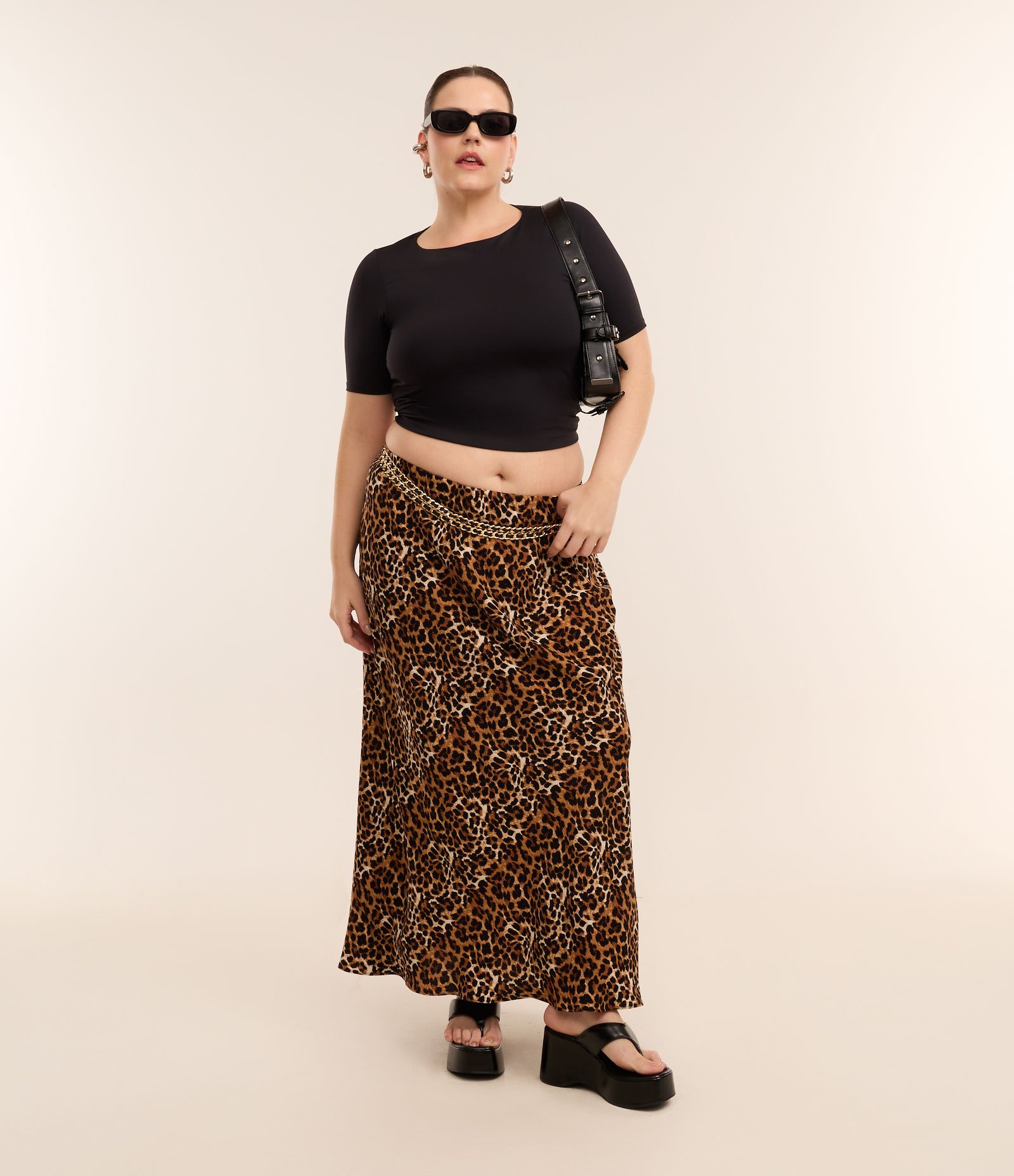 Saia Longa em Crepe com Animal Print Curve & Plus Size Marrom 1