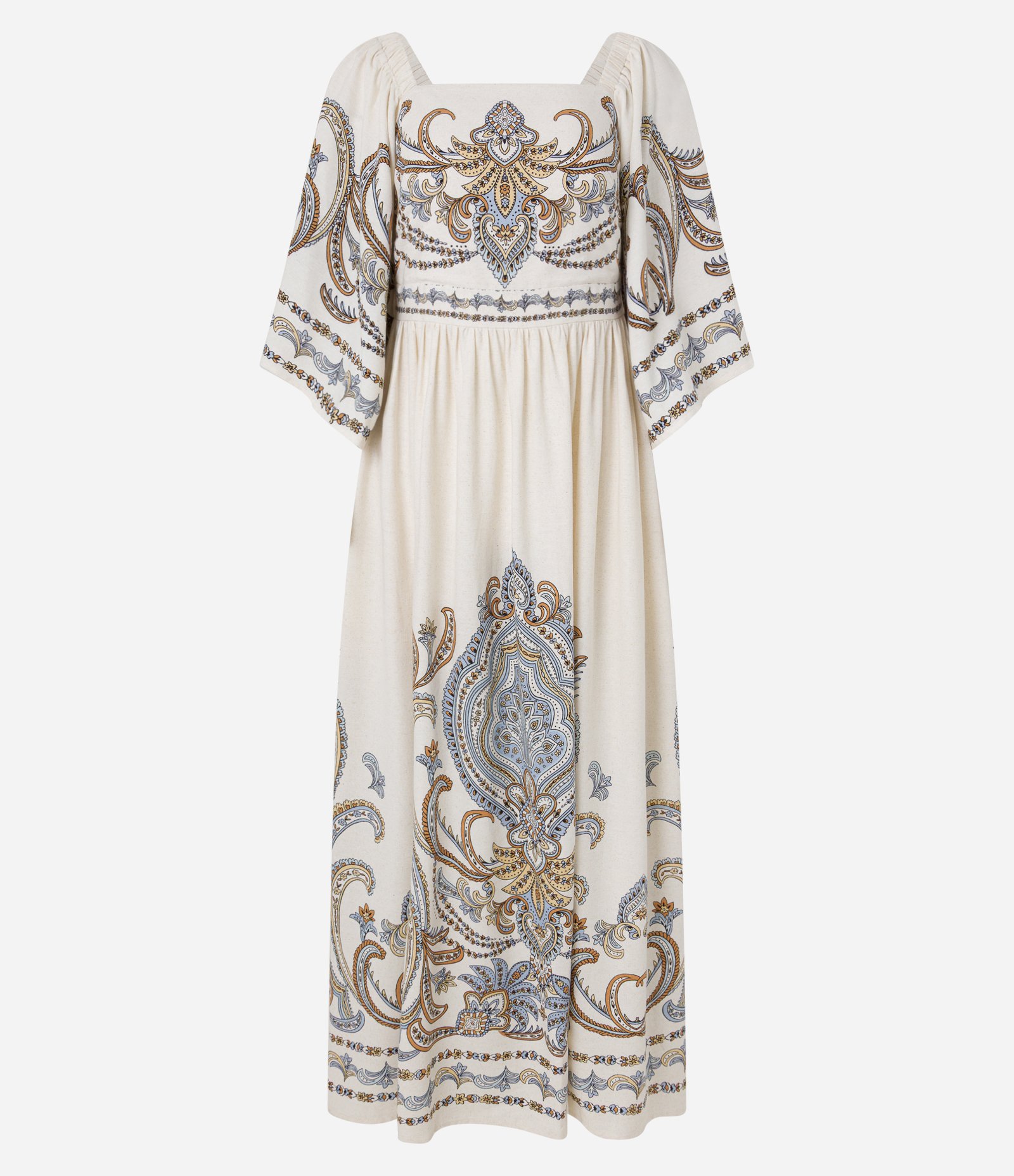 Vestido Boho Evasê Midi em Viscolinho com Estampa Arabesco Off White 7