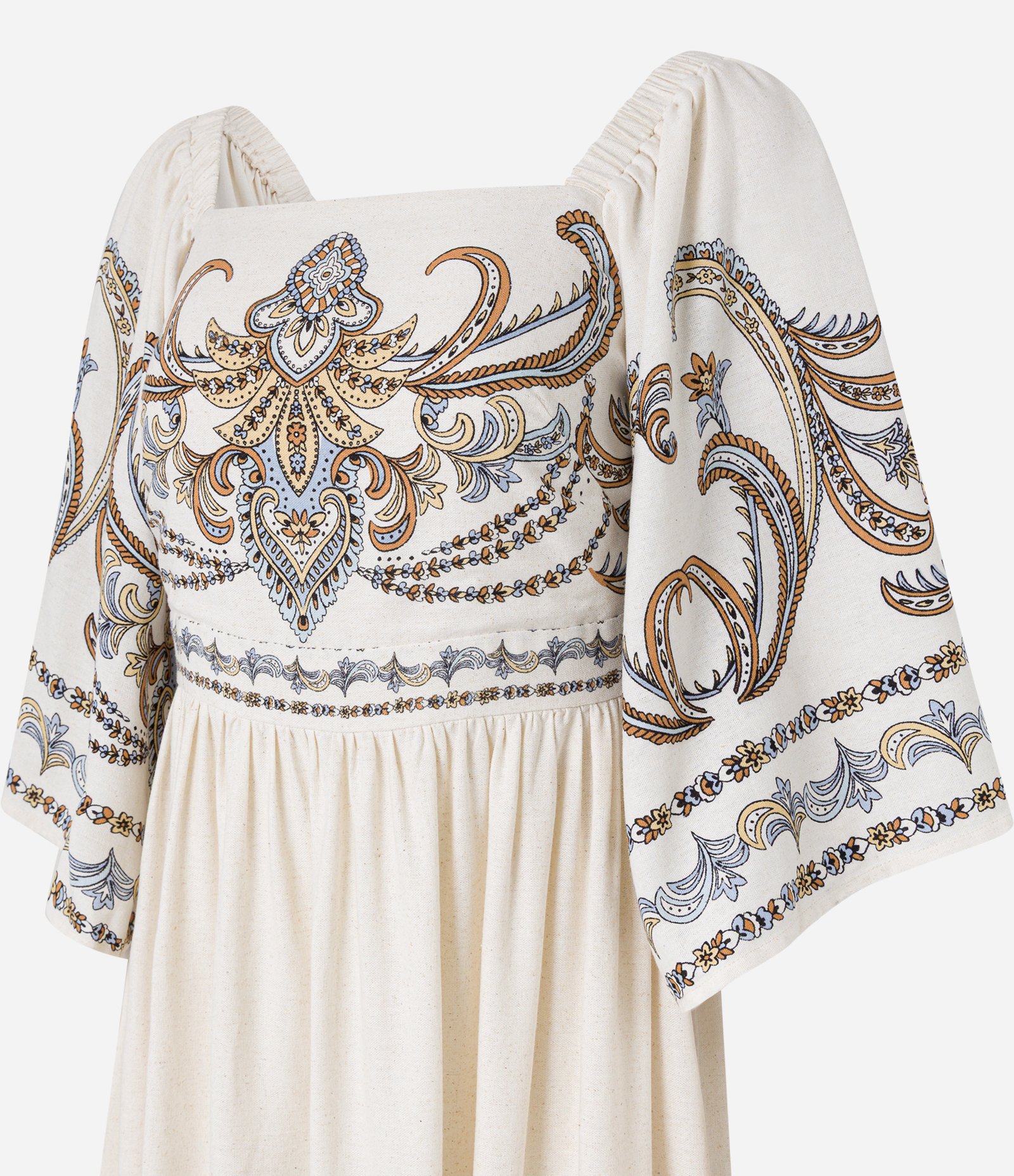 Vestido Boho Evasê Midi em Viscolinho com Estampa Arabesco Off White 8