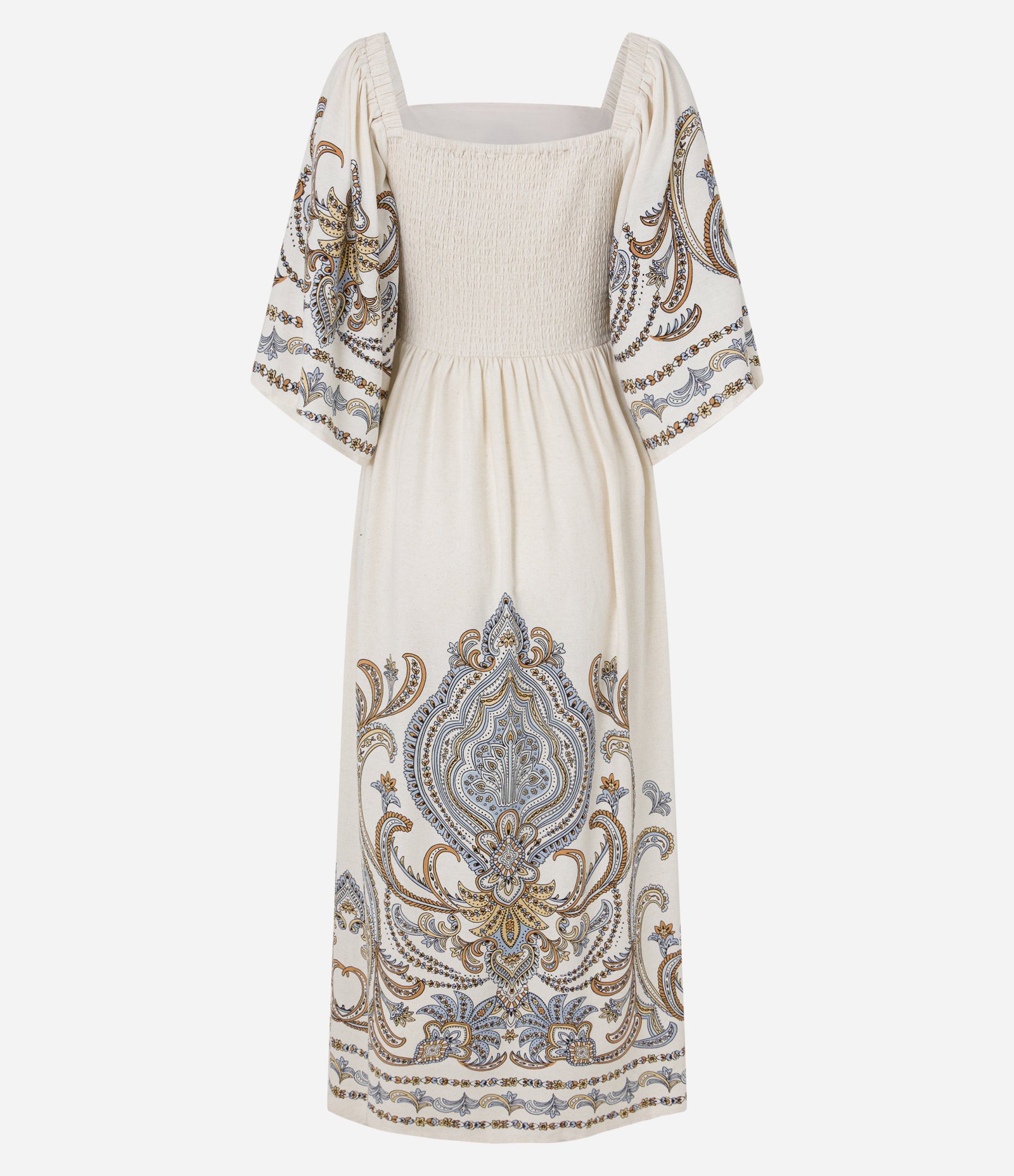 Vestido Boho Evasê Midi em Viscolinho com Estampa Arabesco Off White 9