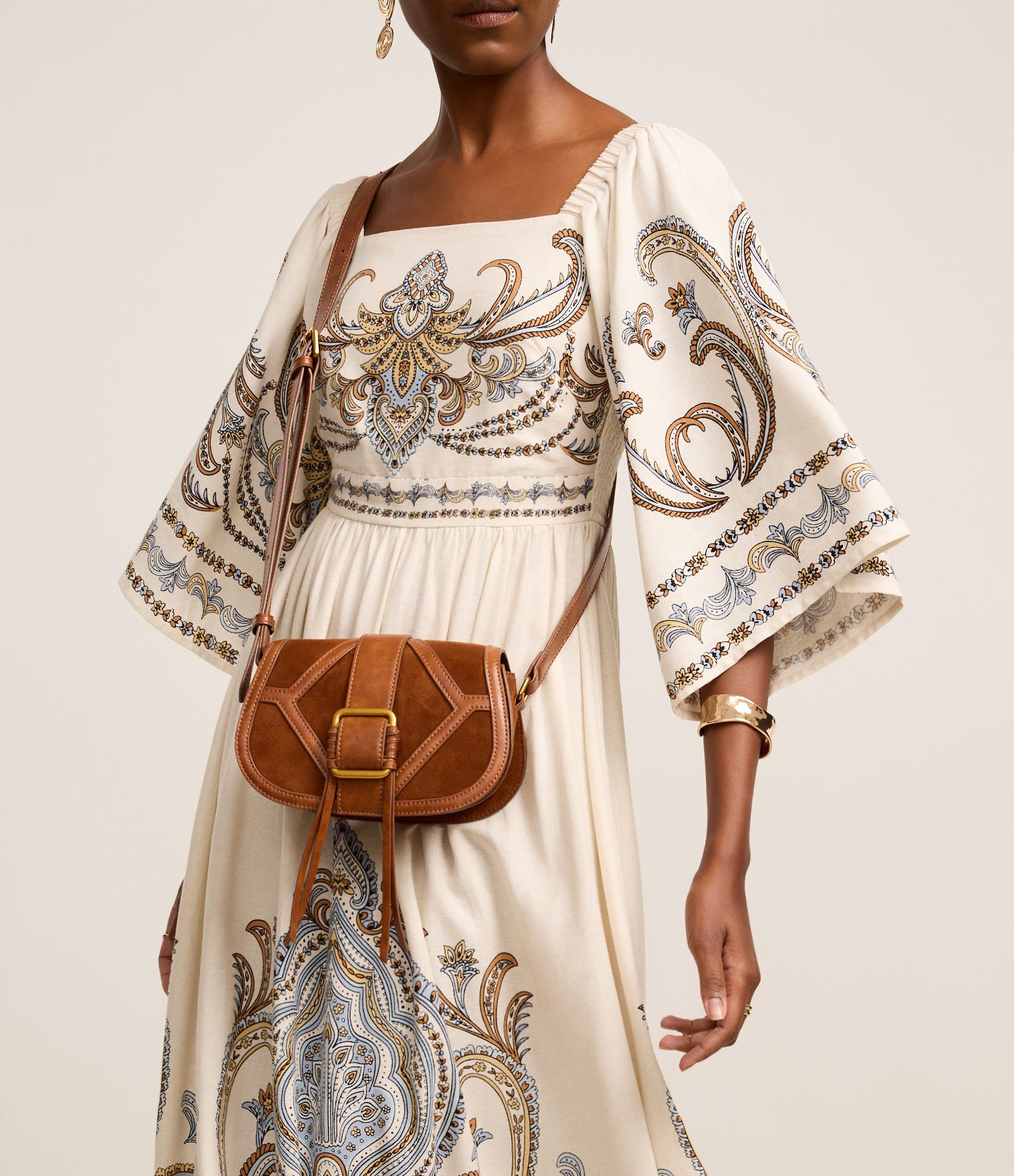 Vestido Boho Evasê Midi em Viscolinho com Estampa Arabesco Off White 5