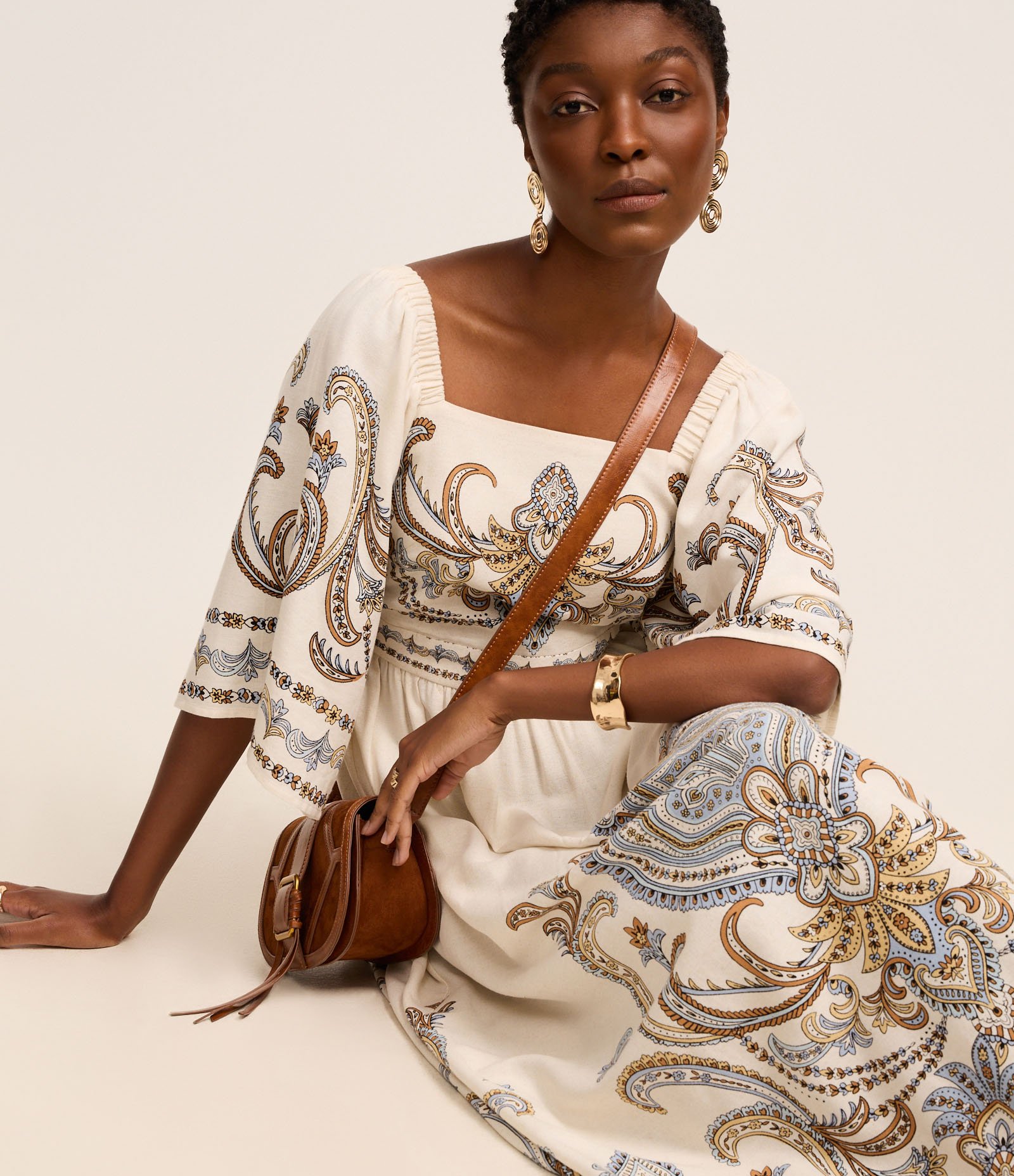 Vestido Boho Evasê Midi em Viscolinho com Estampa Arabesco Off White 6