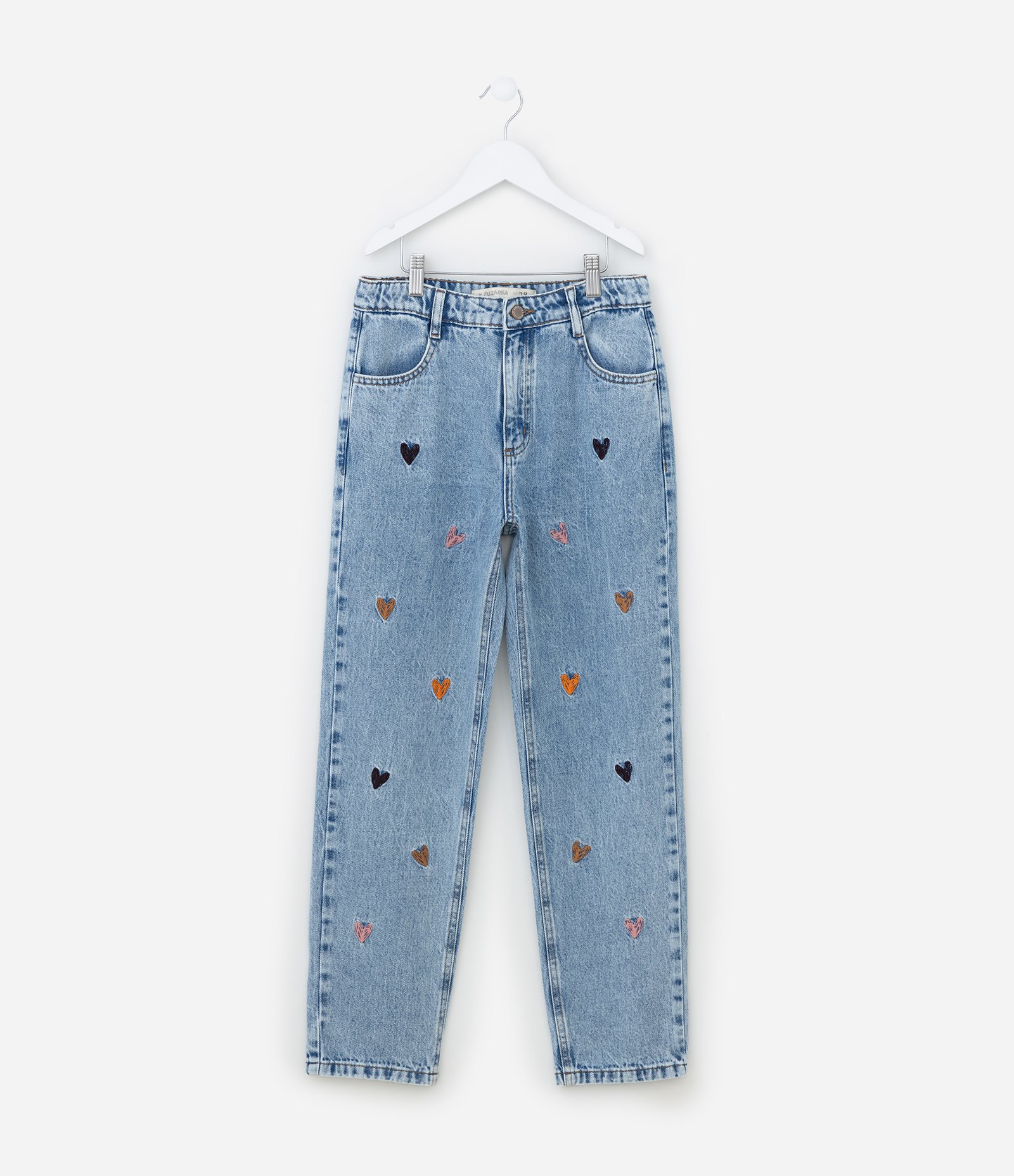Calça Mom Infantil em Jeans com Bordados de Corações - Tam 5 a 14 Anos Azul 1