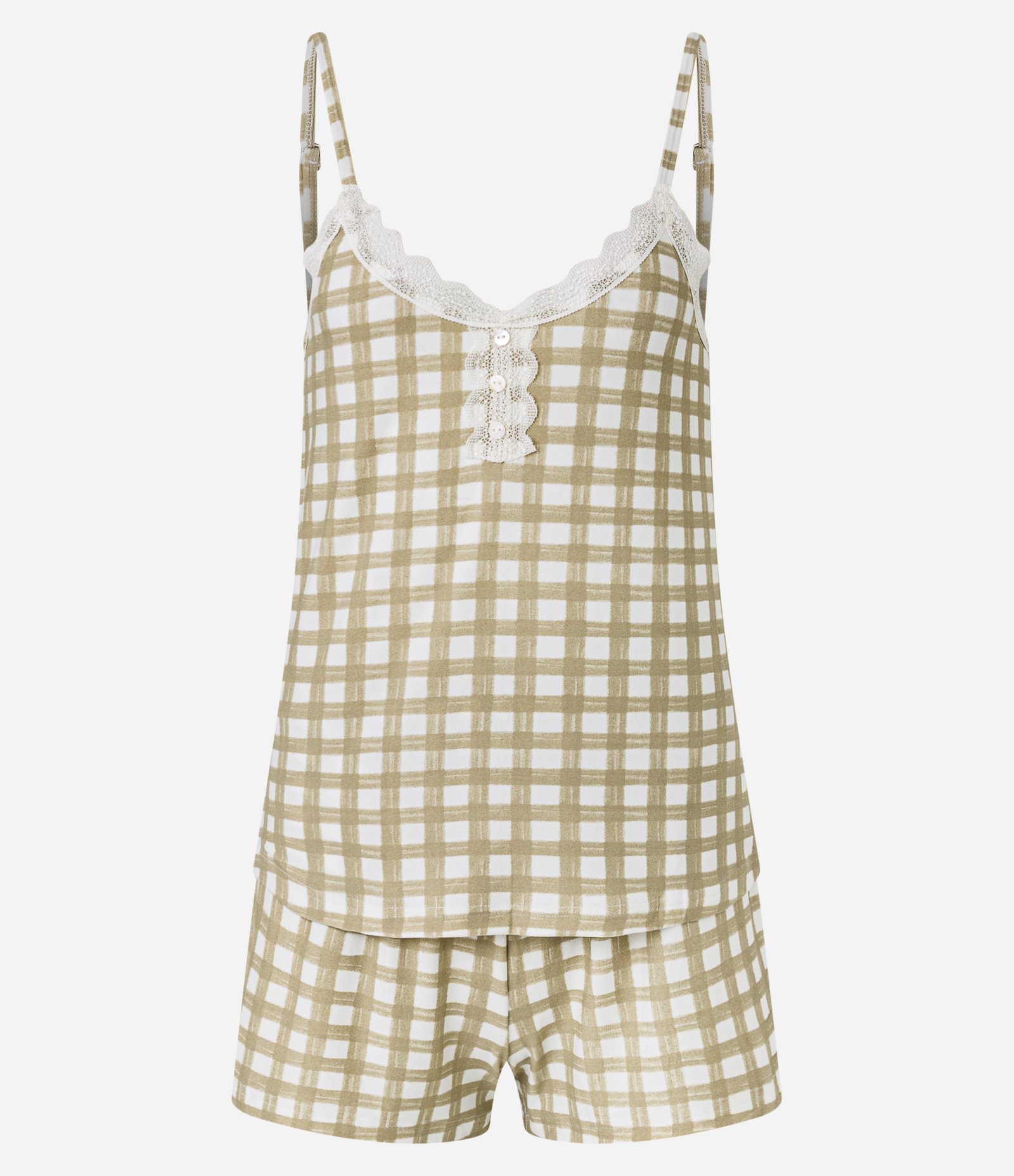 Pijama Short Doll em Peach Touch com Estampa Xadrez Vichy e Detalhe de Renda Verde 5