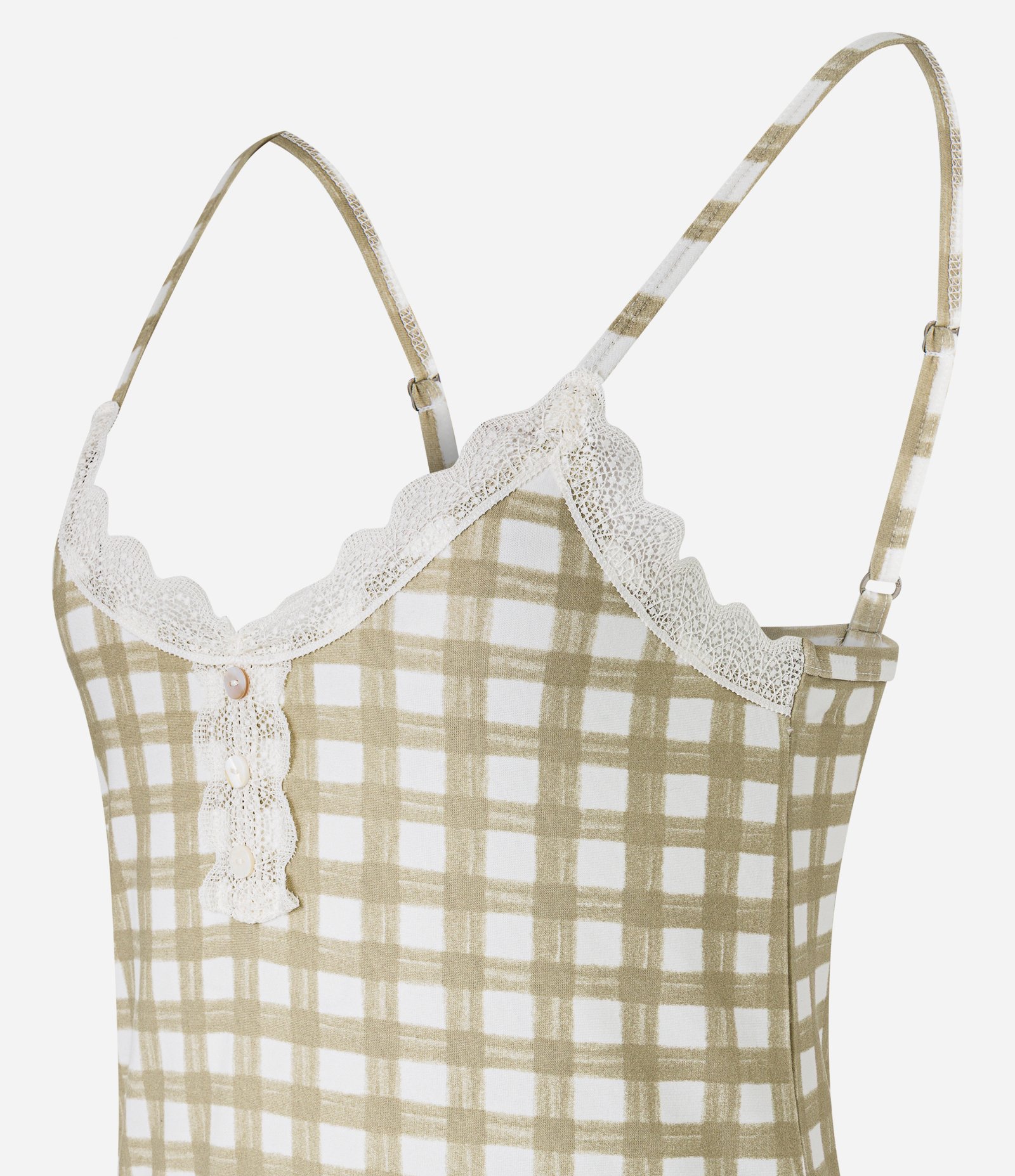 Pijama Short Doll em Peach Touch com Estampa Xadrez Vichy e Detalhe de Renda Verde 6