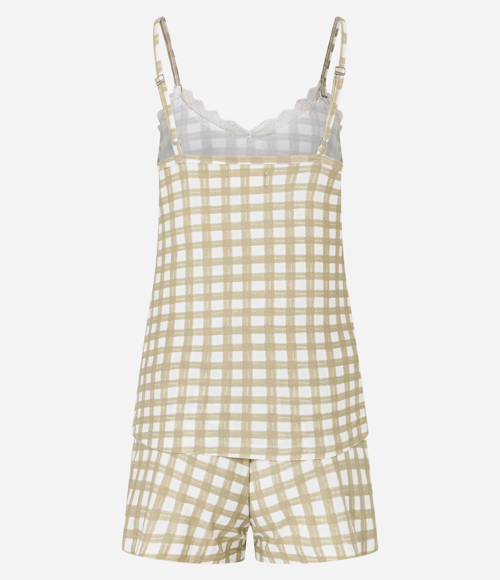Pijama Short Doll em Peach Touch com Estampa Xadrez Vichy e Detalhe de Renda Verde 7