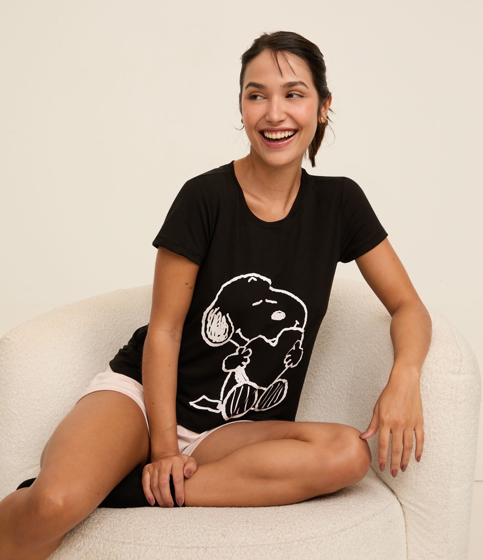 Blusa de Pijama com Estampa Snoopy e Peach Touch Preto 1