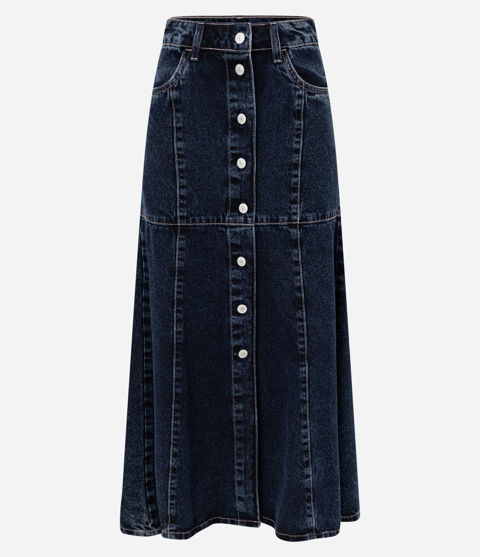 Saia Midi Jeans com Abotoamento Frontal e Recortes Azul Escuro 8