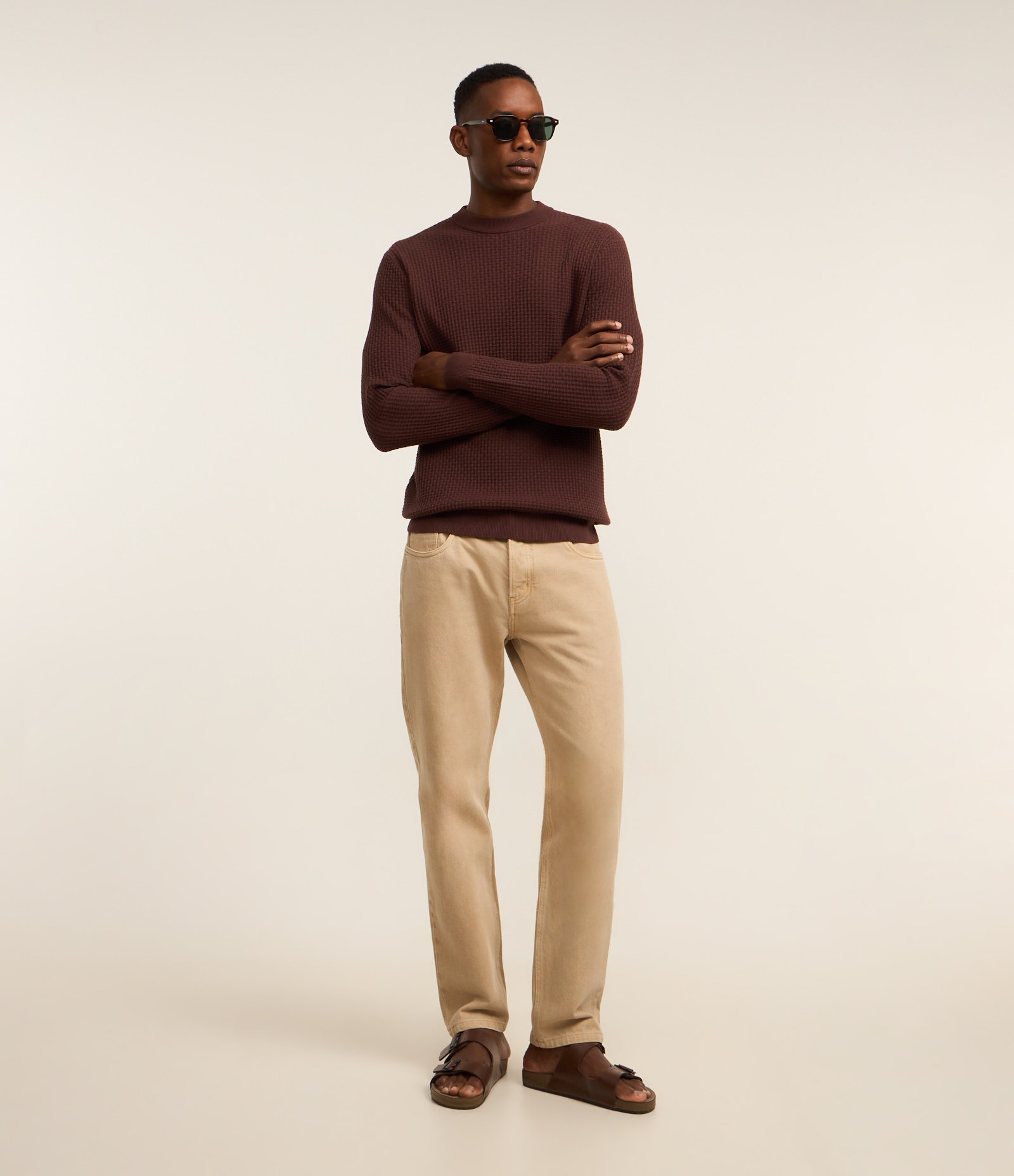 Suéter em Tricô com Textura Quadriculada Marrom 2