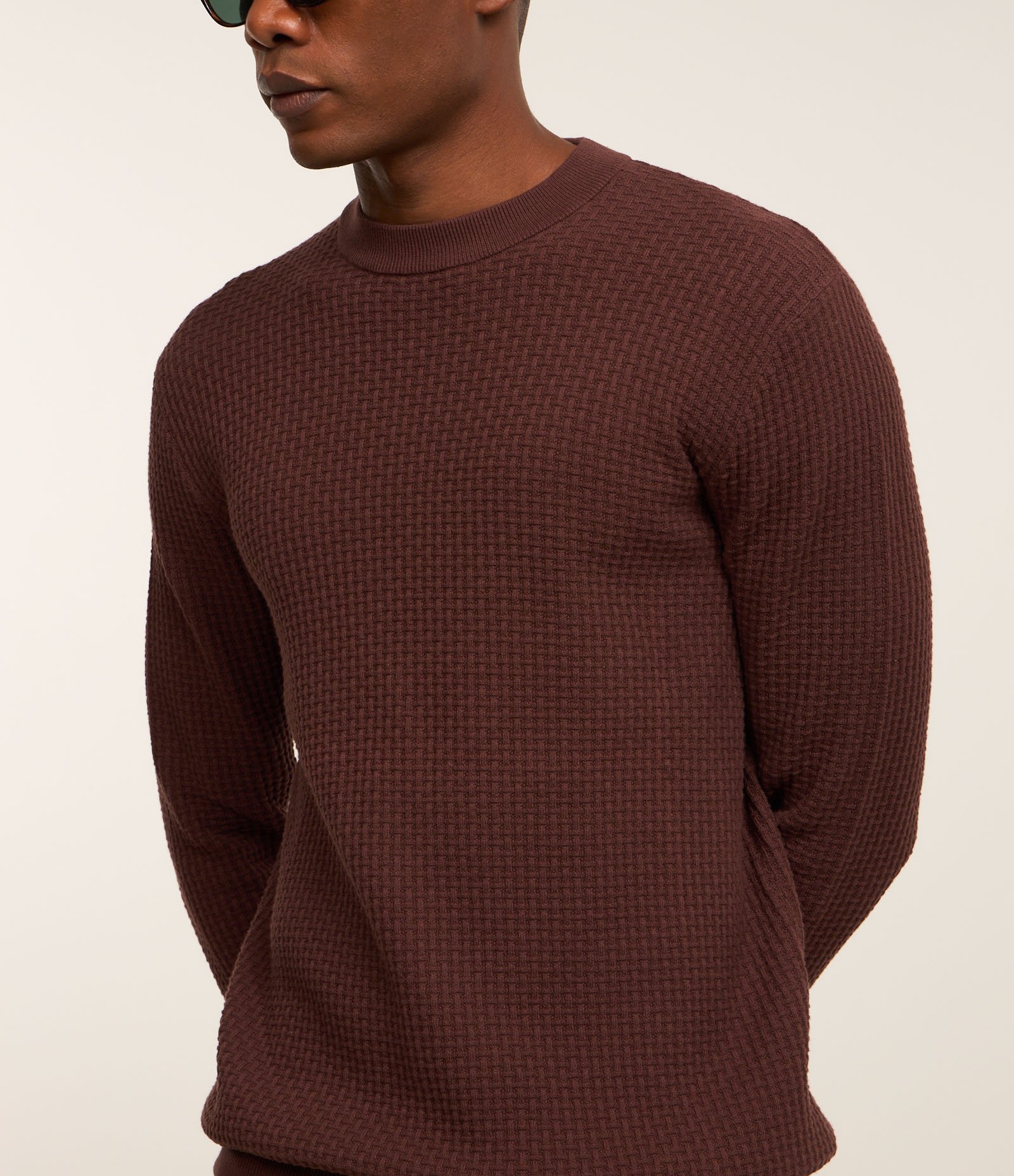 Suéter em Tricô com Textura Quadriculada Marrom 3